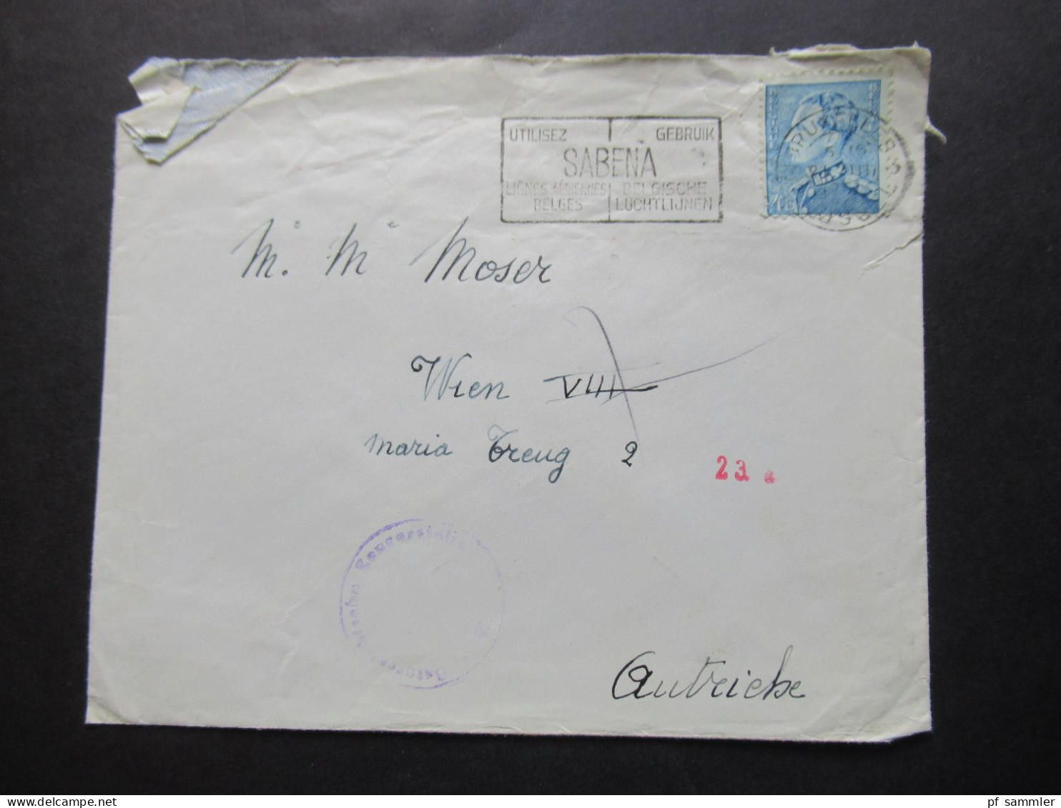 Belgien 1951 Auslandsbrief Nach Wien Zensurbeleg / Stempel Österrereichische Zensurstelle Und Roter Stempel 23 A - Covers & Documents