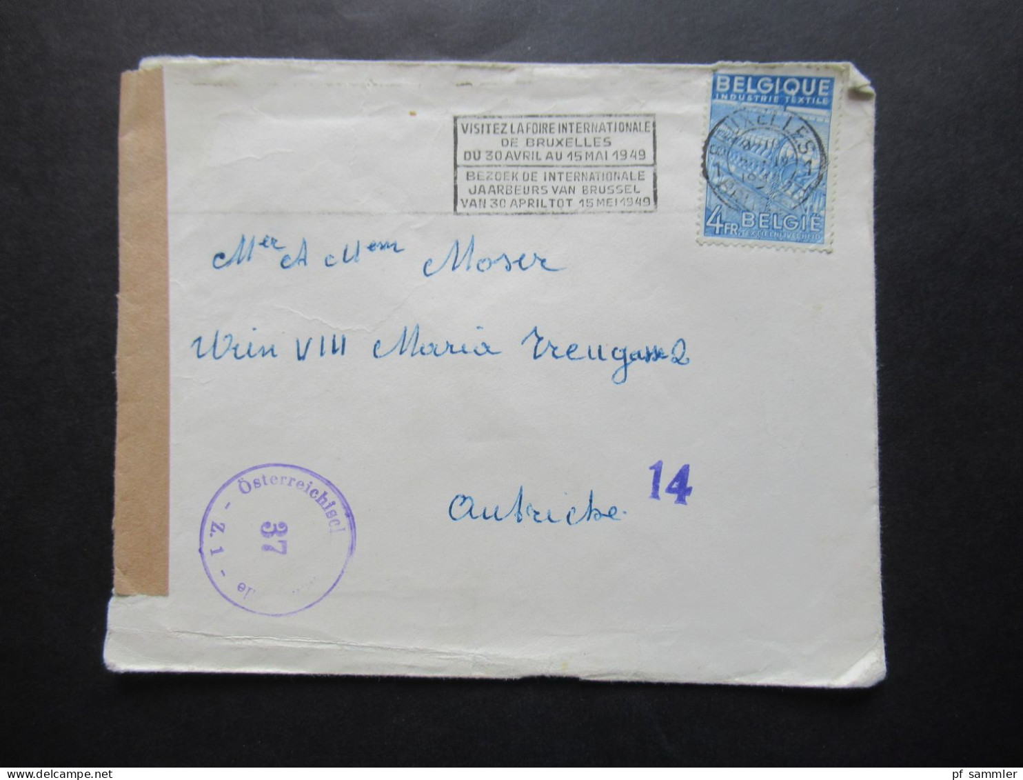 Belgien 1949 Auslandsbrief Nach Wien Zensurbeleg / Stempel Österrereichische Zensurstelle 37 Und Violetter Stempel 14 - Storia Postale