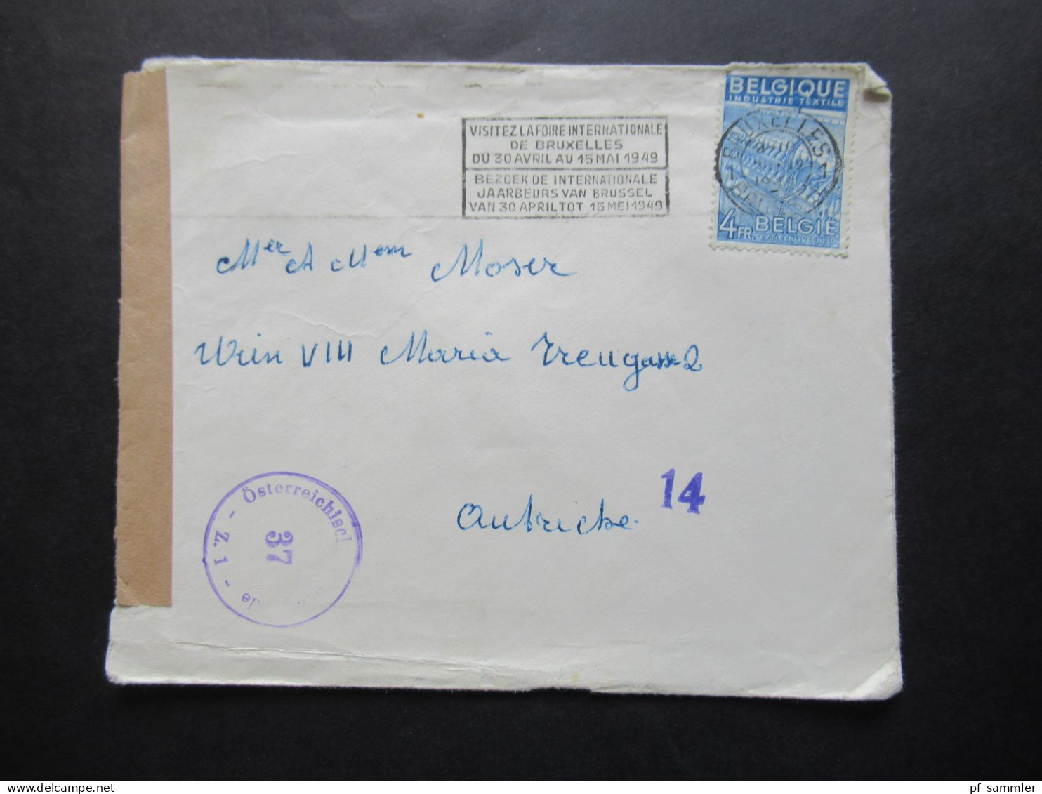 Belgien 1949 Auslandsbrief Nach Wien Zensurbeleg / Stempel Österrereichische Zensurstelle 37 Und Violetter Stempel 14 - Brieven En Documenten