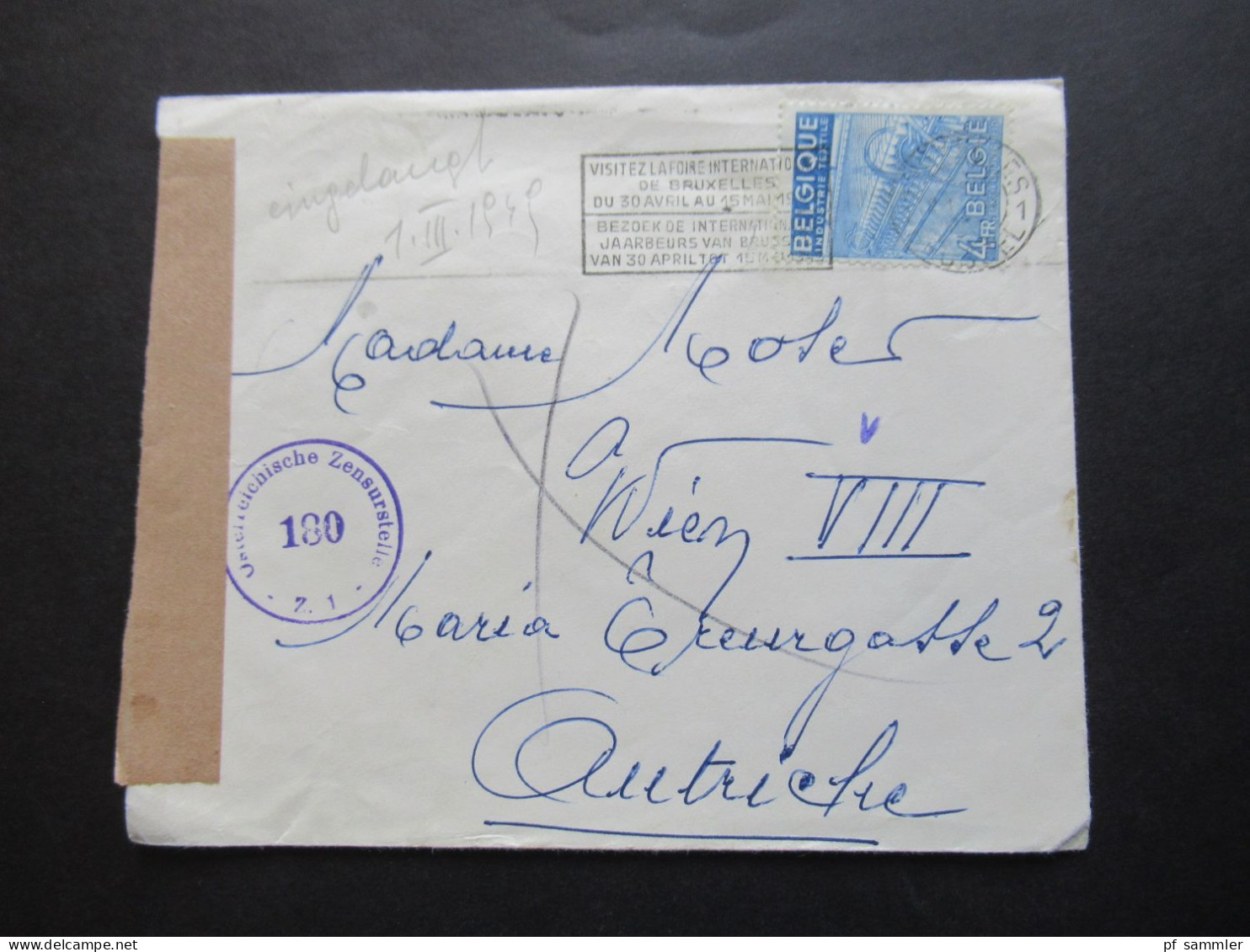 Belgien 1949 Auslandsbrief Nach Wien Zensurbeleg / Stempel Österrereichische Zensurstelle 180 Und Violetter Stempel V - Lettres & Documents