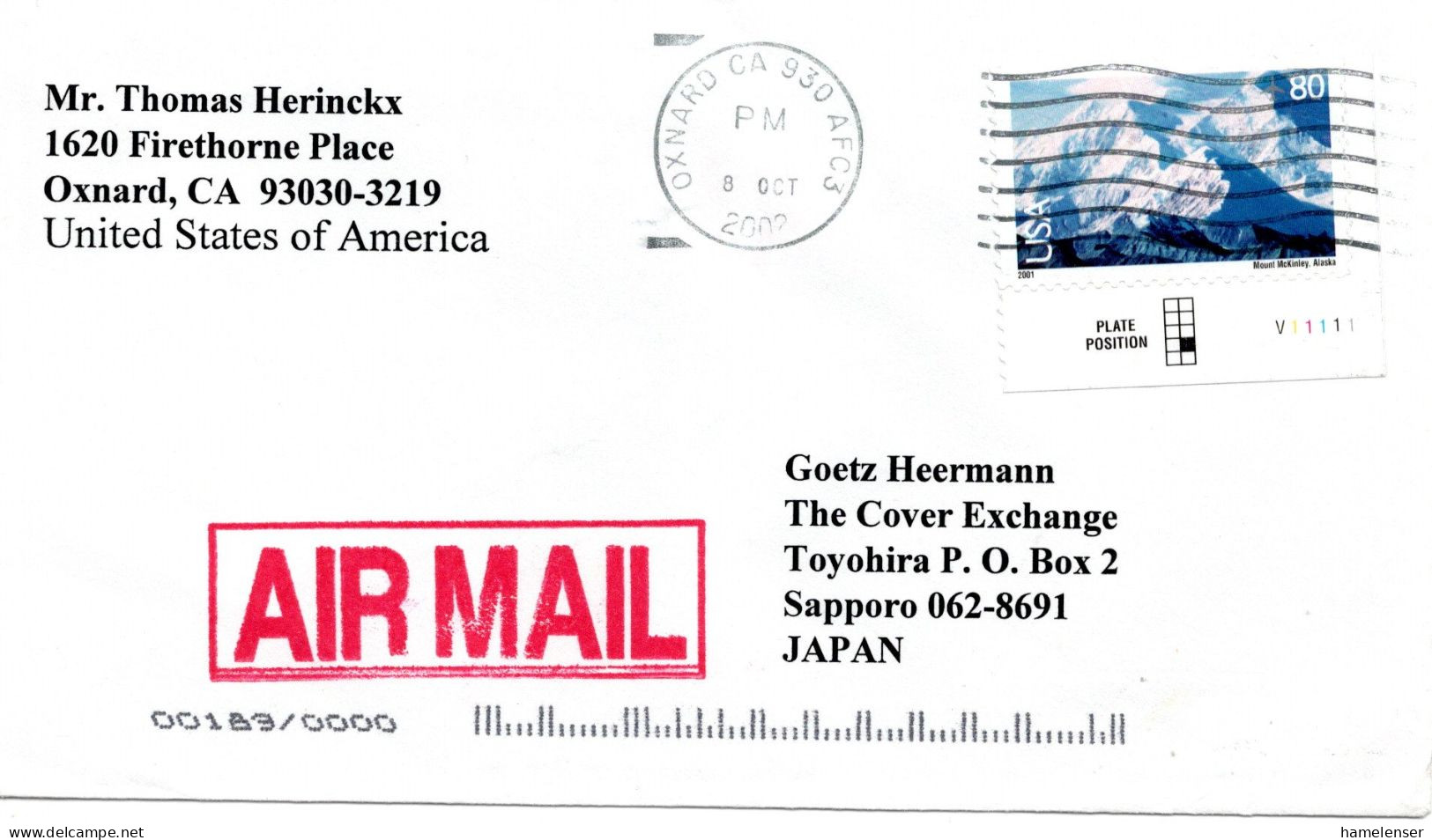 67109 - USA - 2002 - 80¢ Mt.McKinley (Eckrand M Pl#) EF A LpBf OXNARD CA  -> Japan - Covers & Documents