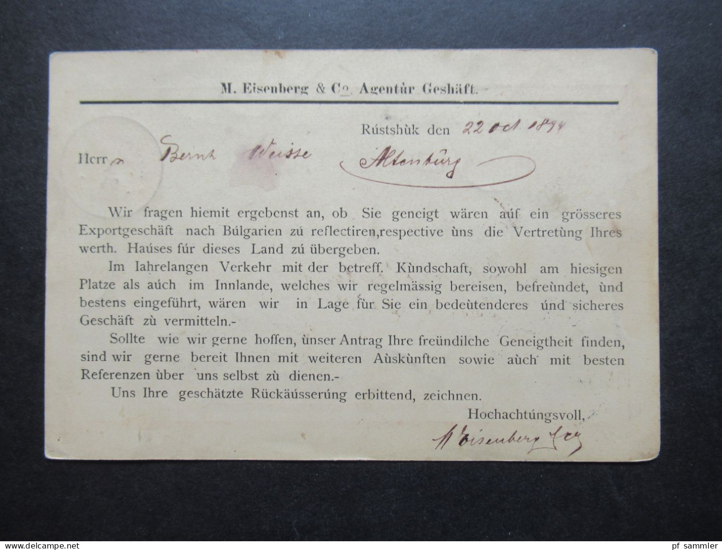 Bulgarien 1894 Ganzsache Stempel Roustchouk Und Absenderstempel / Bedruckte PK M. Eisenberg & Co. Rustshuk - Cartes Postales