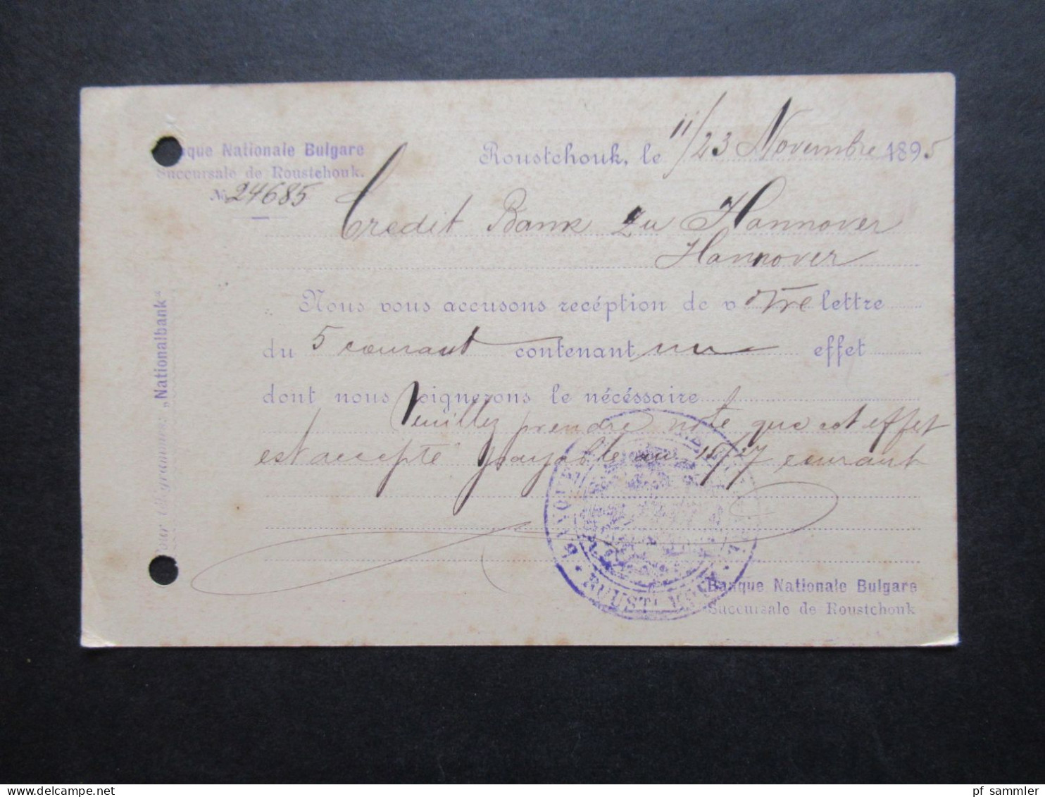 Bulgarien 1895 Ganzsache Stempel Roustchouk / Bedruckte PK Auf Französisch Banque Nationale Bulgare Nach Hannover - Postales