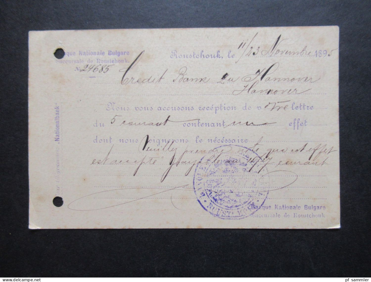 Bulgarien 1895 Ganzsache Stempel Roustchouk / Bedruckte PK Auf Französisch Banque Nationale Bulgare Nach Hannover - Postcards