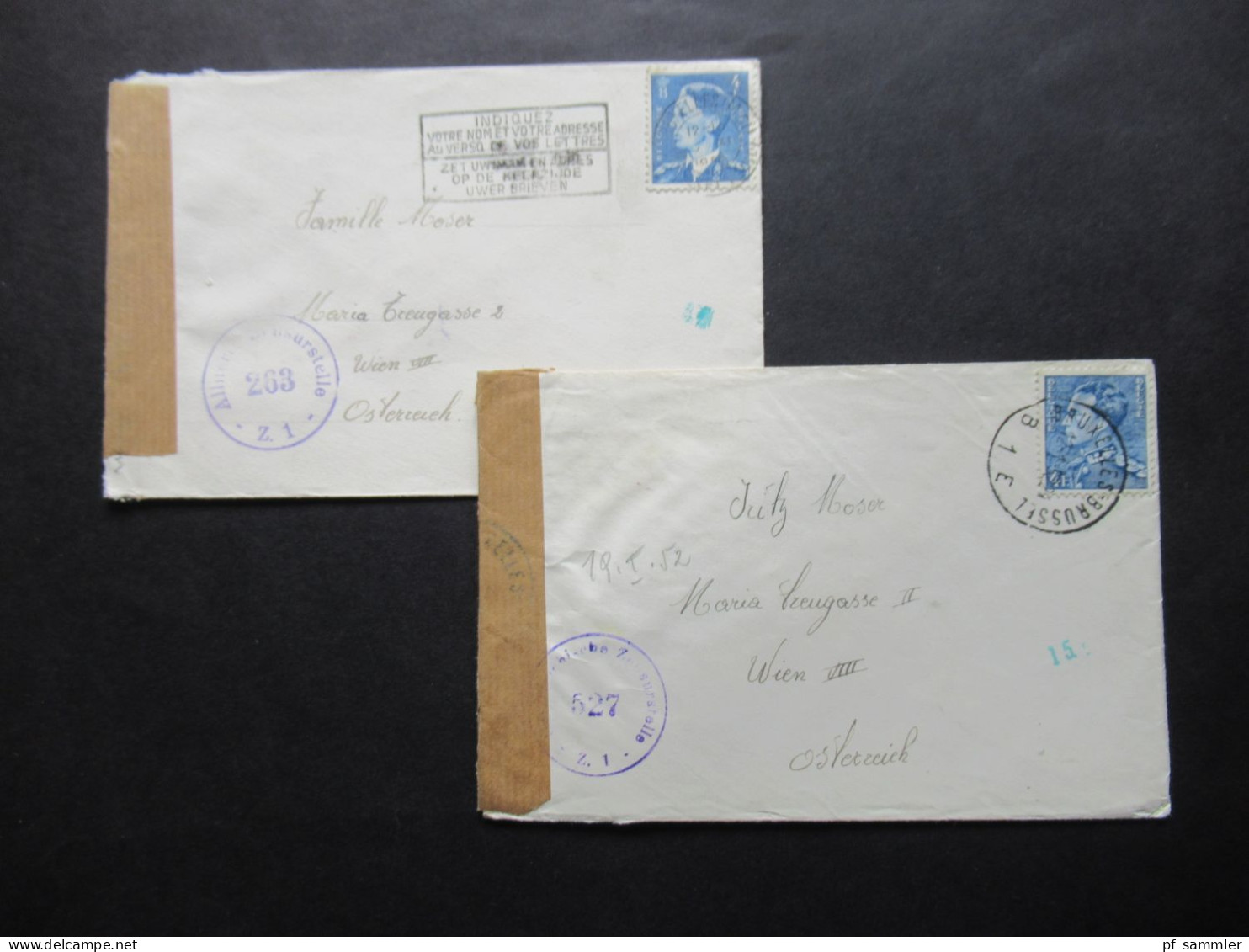 Belgien 1951 / 52 Zensurbelege Stempel Österreichische Zensurstelle 263 Und 527 Auslandsbriefe Nach Wien - Storia Postale
