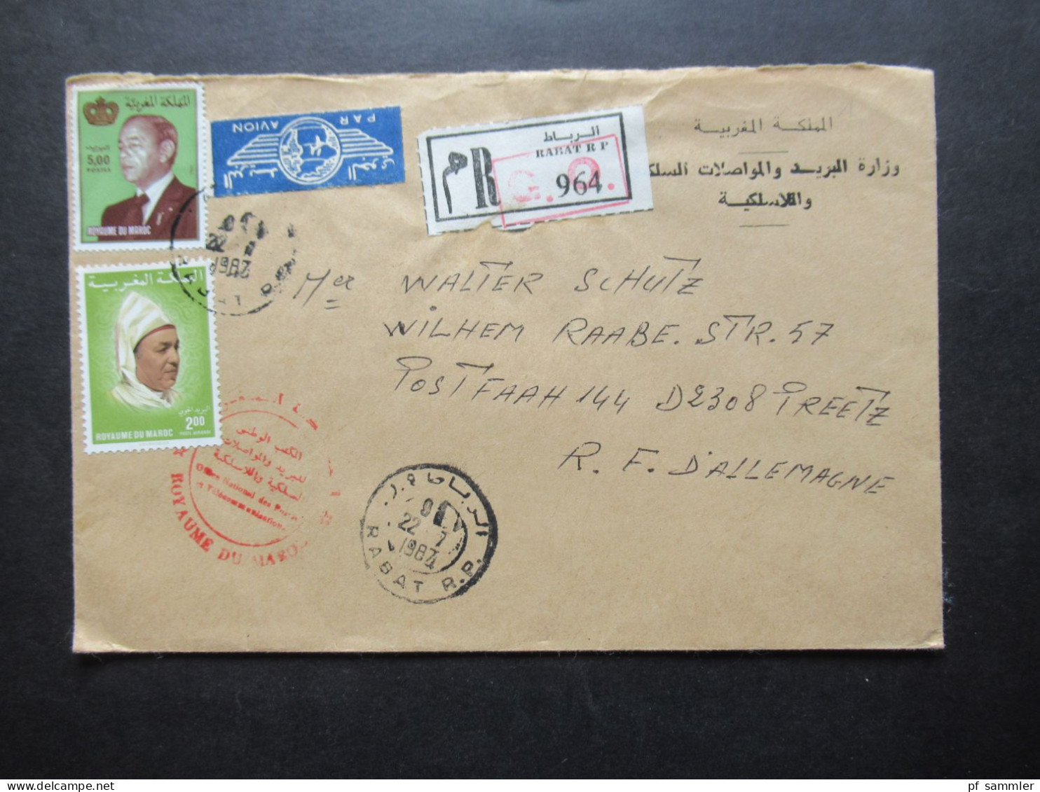 Marokko 1984 Einschreiben Luftpost R-Zettel Rabat RP Mit Rotem Stempel Ra1 G.O. Nach Preetz Gesendet - Maroc (1956-...)