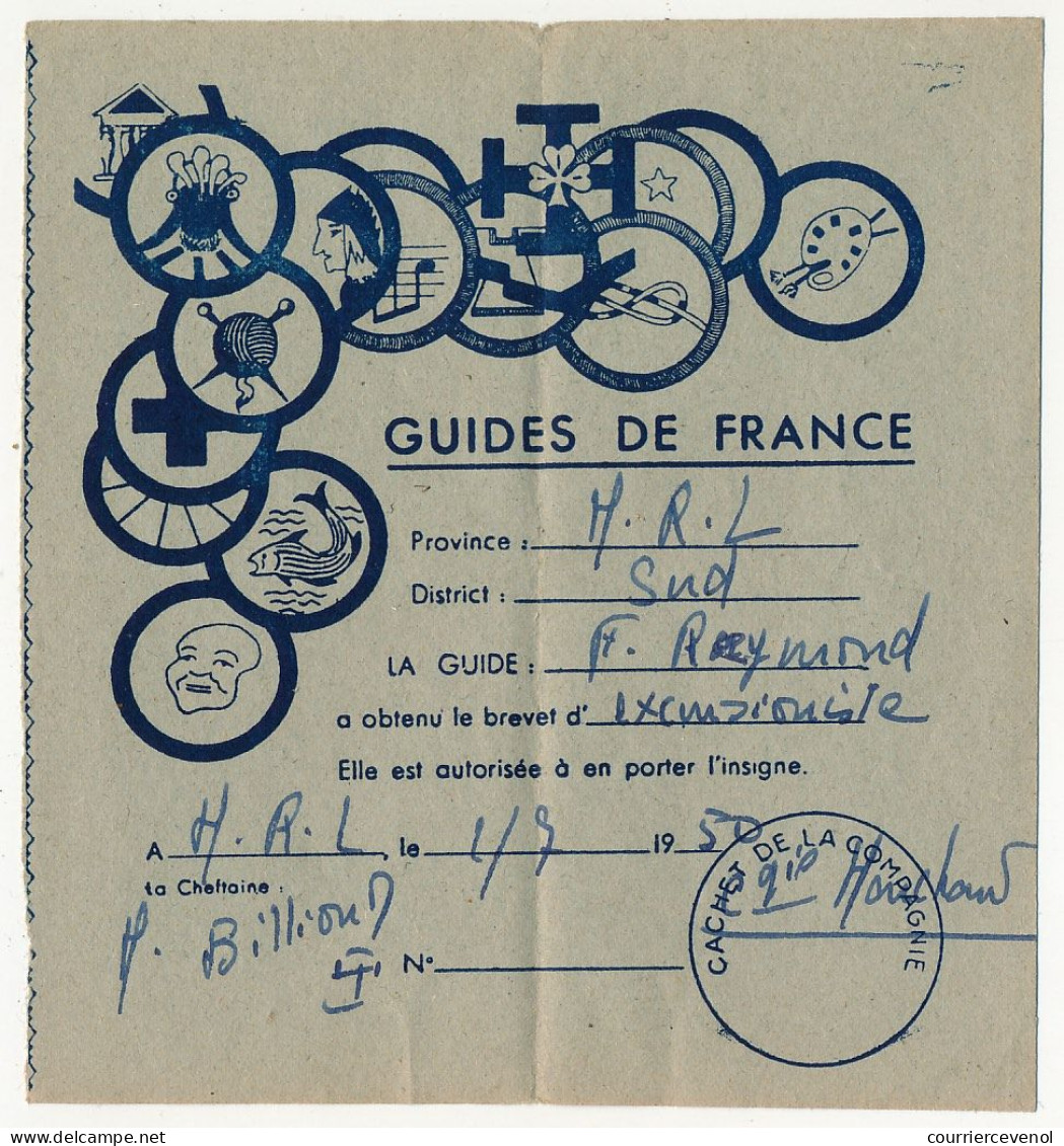 FRANCE - SCOUTISME - Guides De France - 2 Certificats D'obtention De Brevets - 2eme Classe 1950 - Excursionniste 1950 - Padvinderij