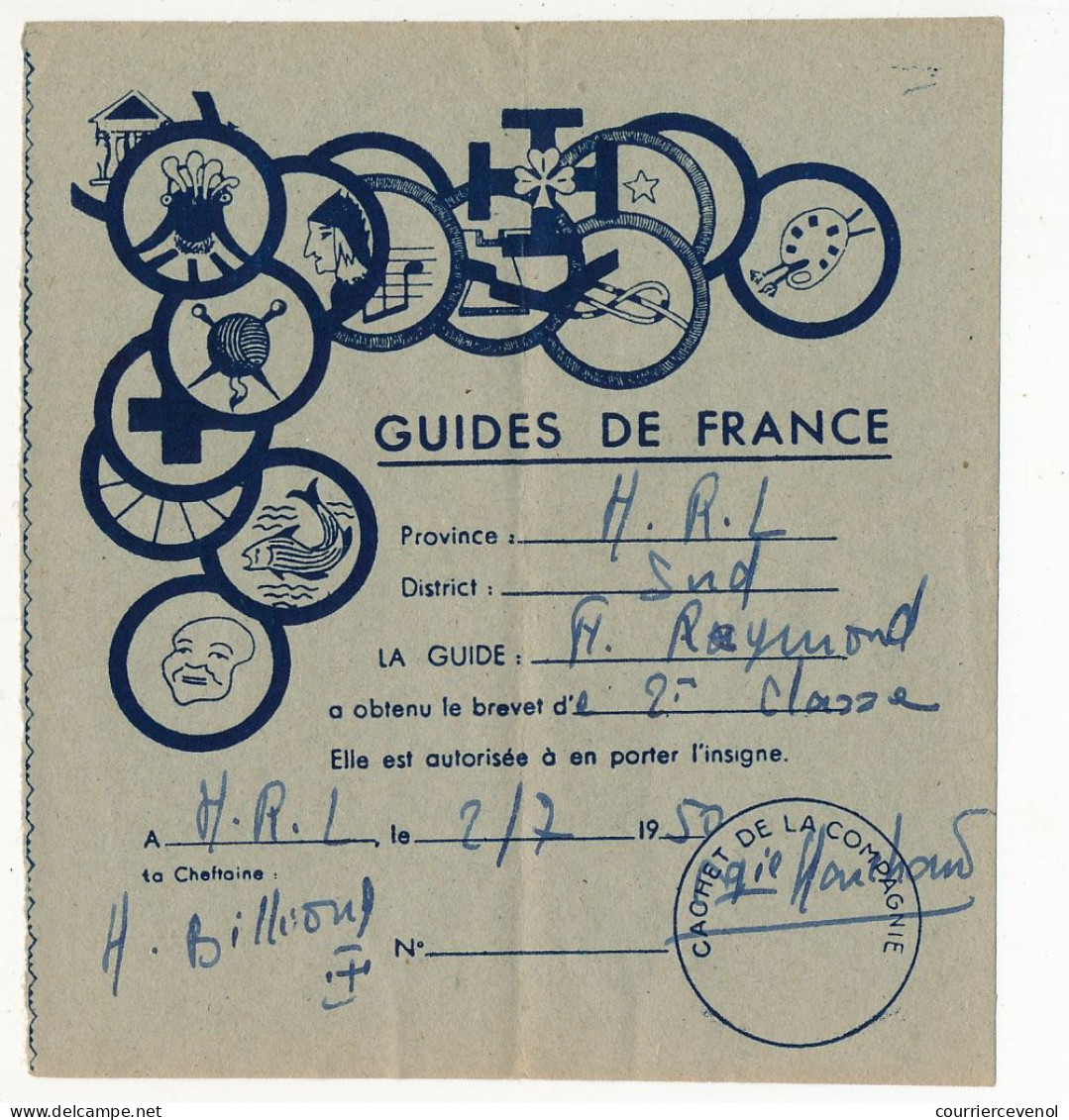 FRANCE - SCOUTISME - Guides De France - 2 Certificats D'obtention De Brevets - 2eme Classe 1950 - Excursionniste 1950 - Scoutismo