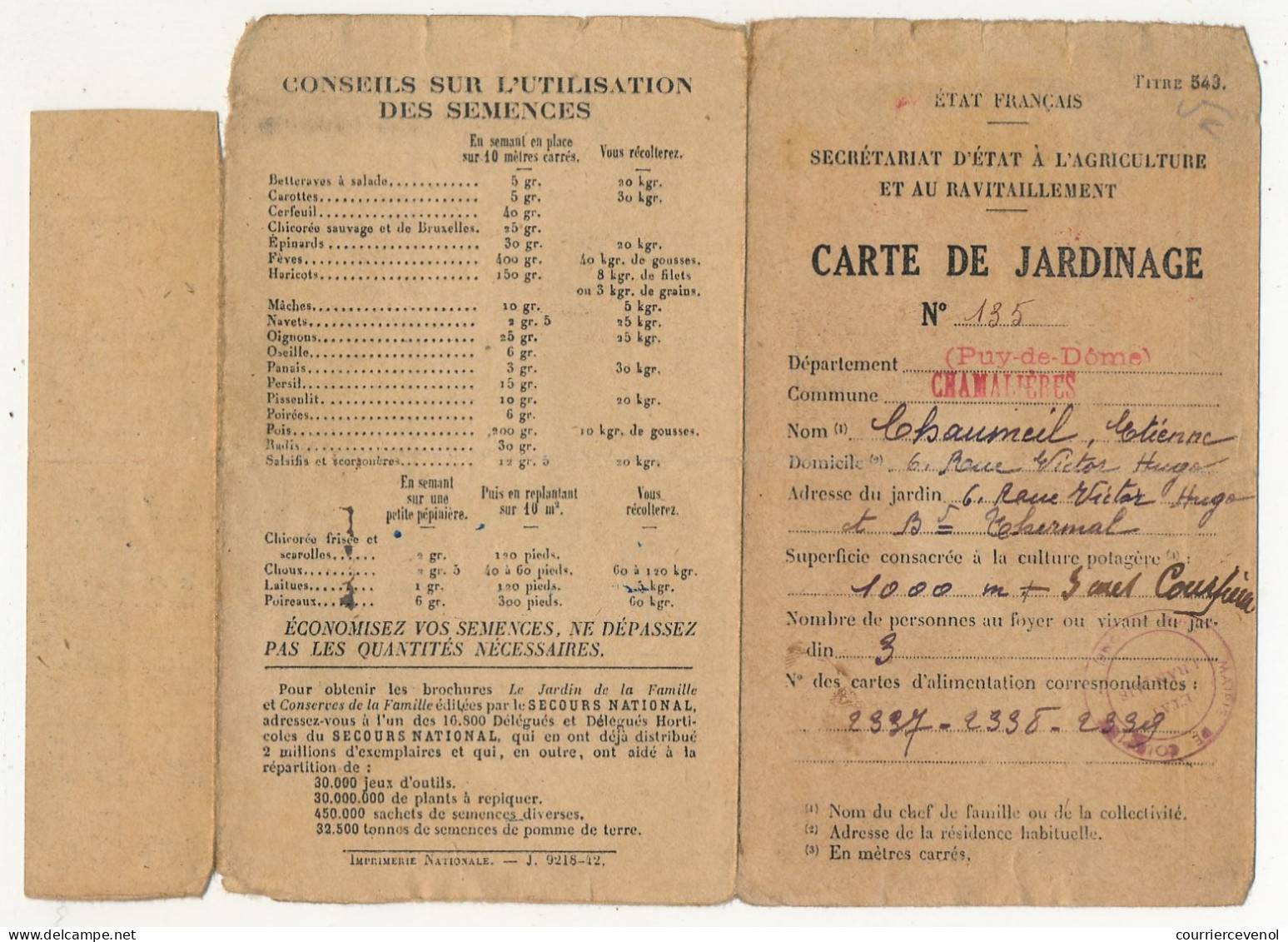 FRANCE - 2 Cartes De Jardinage - Chamalières (P.de D) 1942 Et Hirson (Aisne) 1942 - Zonder Classificatie