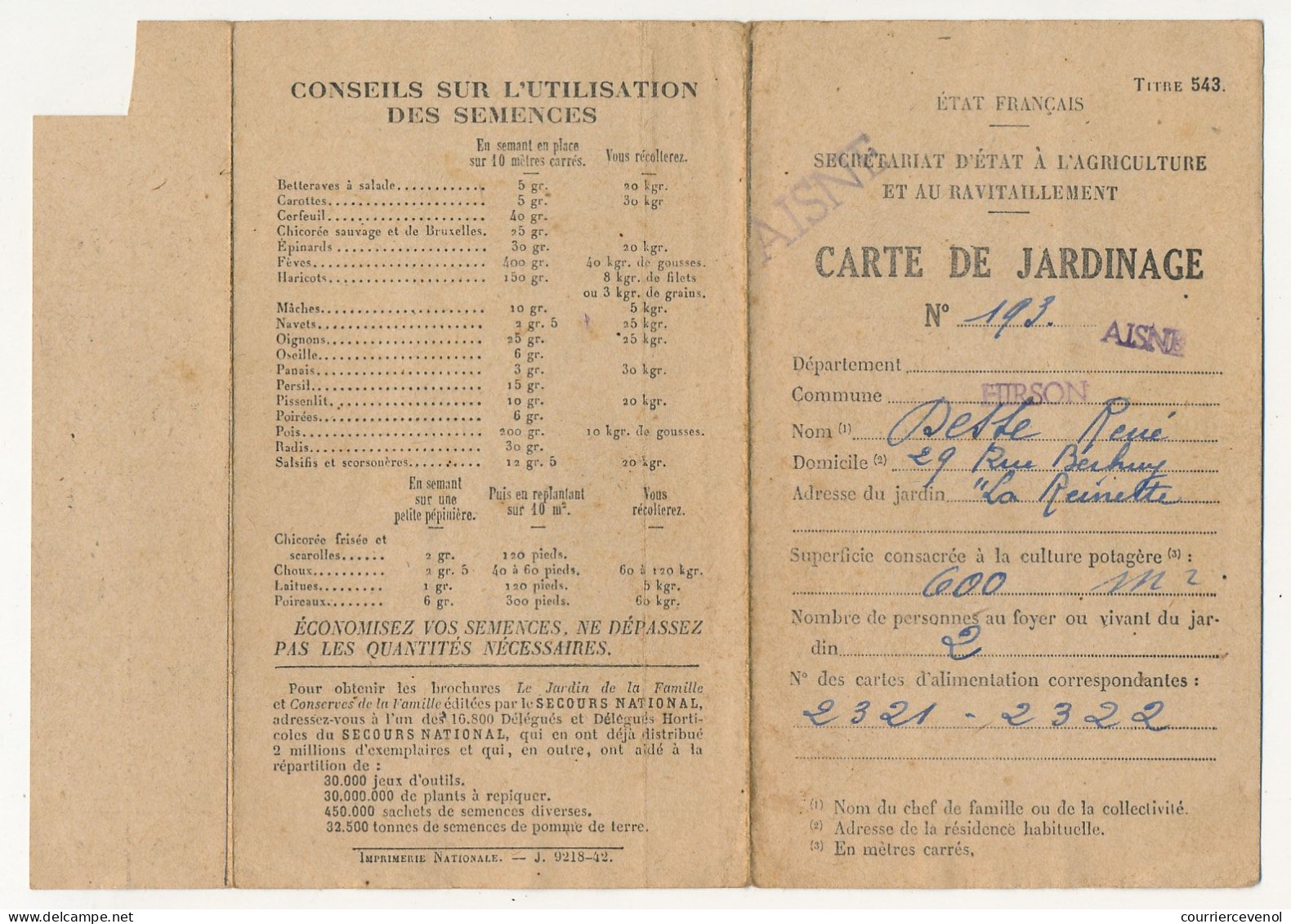 FRANCE - 2 Cartes De Jardinage - Chamalières (P.de D) 1942 Et Hirson (Aisne) 1942 - Zonder Classificatie