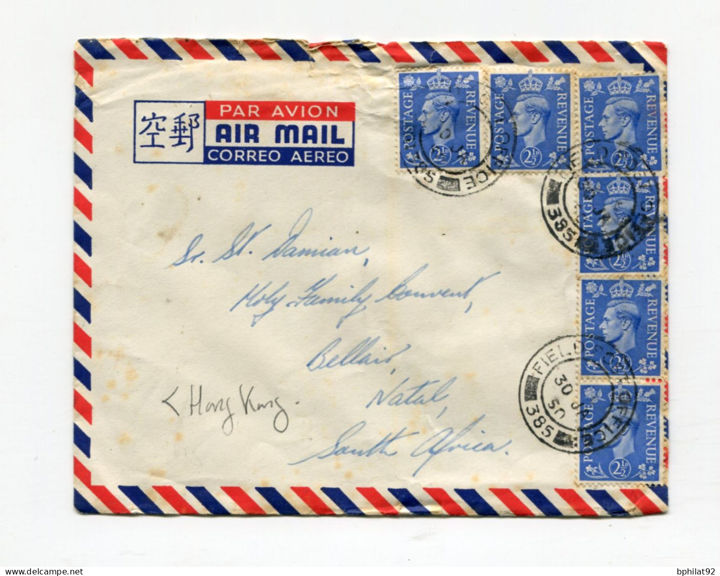 !!! LETTRE PAR AVION DE HONG KONG POUR NATAL, AFRIQUE DU SUD DE 1950 - Storia Postale