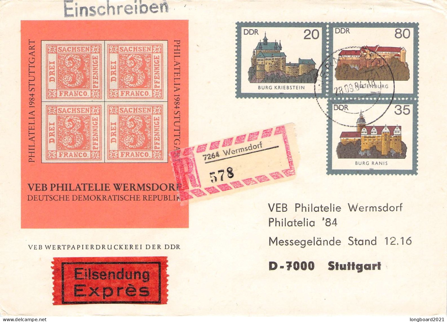 DDR - SONDERGANZSACHE 28.9.84 WERMSDORF - STUTTGART  /*42 - Enveloppes - Oblitérées