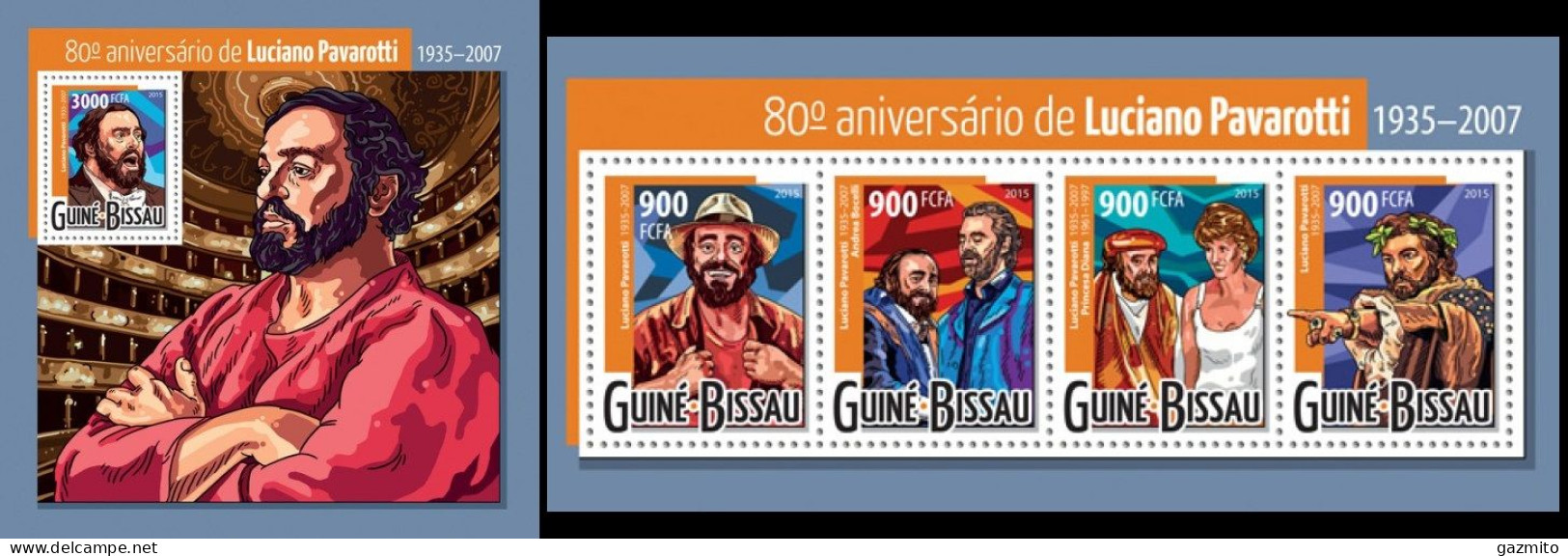 Guinea Bissau 2015, Music, L. Pavarotti, 4val In BF +BF - Chanteurs
