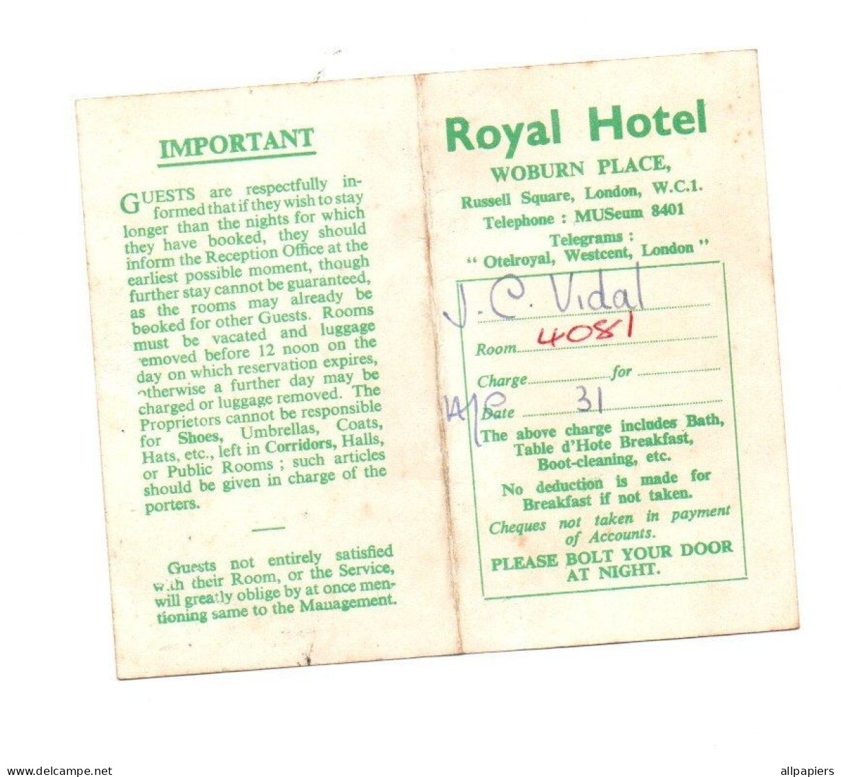 Public Rooms Table D'Hote Meales Royal Hotel Woburn Place London - Format : 10x12 Cm Déplié - Ver. Königreich