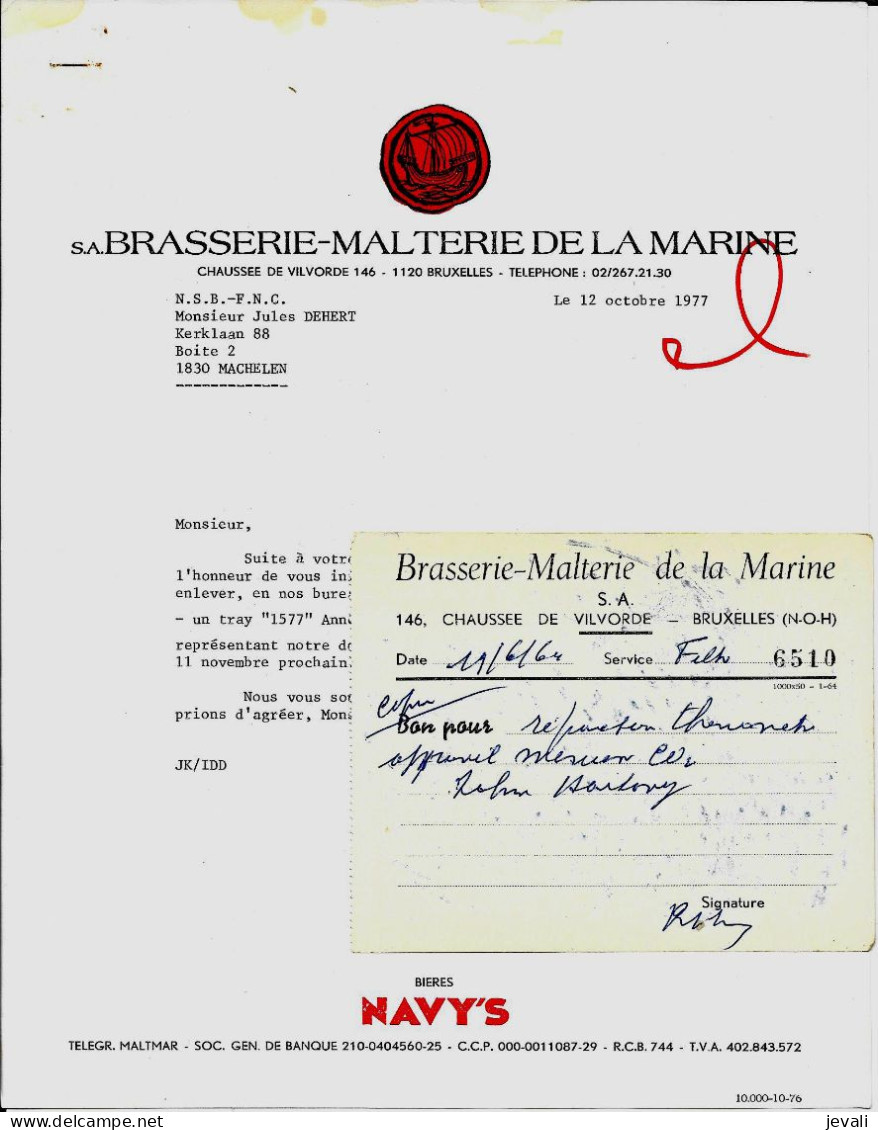 BRUXELLES    - S.A. Brasserie-Malterie De La Marine ( 2 Documents )  1964 + 1977 - Lebensmittel