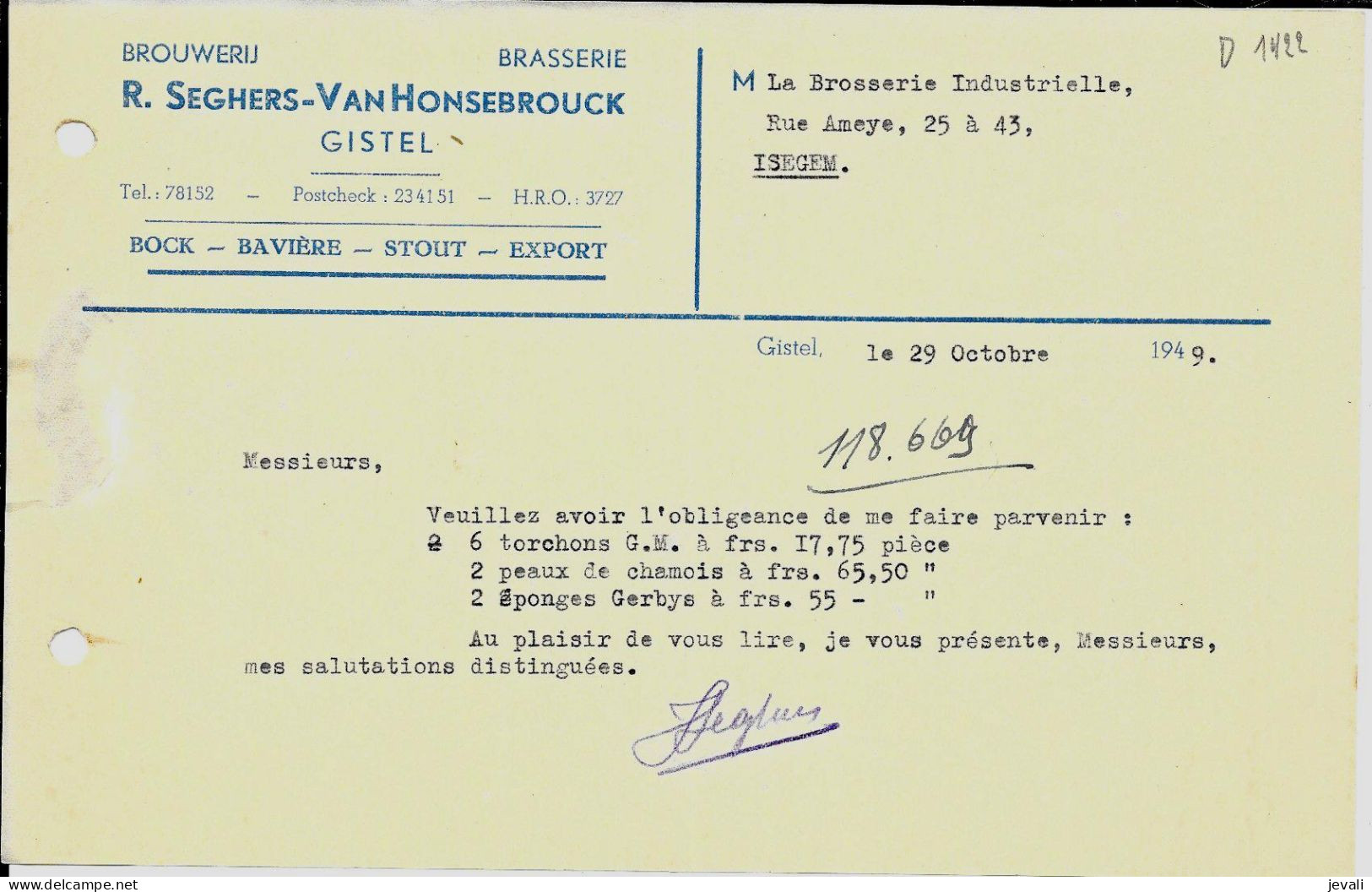 GISTEL  -  Brouwerij  R. Seghers -Van Honsebrouck 1949 - Alimentaire