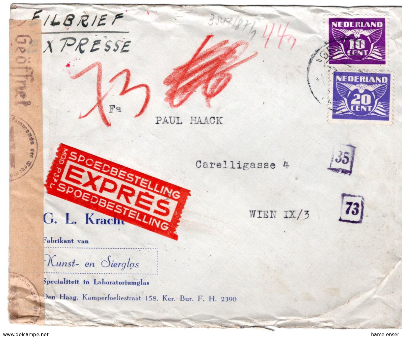 67114 - Niederlande - 1942 - 20c Taube MiF A EilBf M Dt Zensur S GRAVENHAGE -> WIEN (Deutschland) - Storia Postale