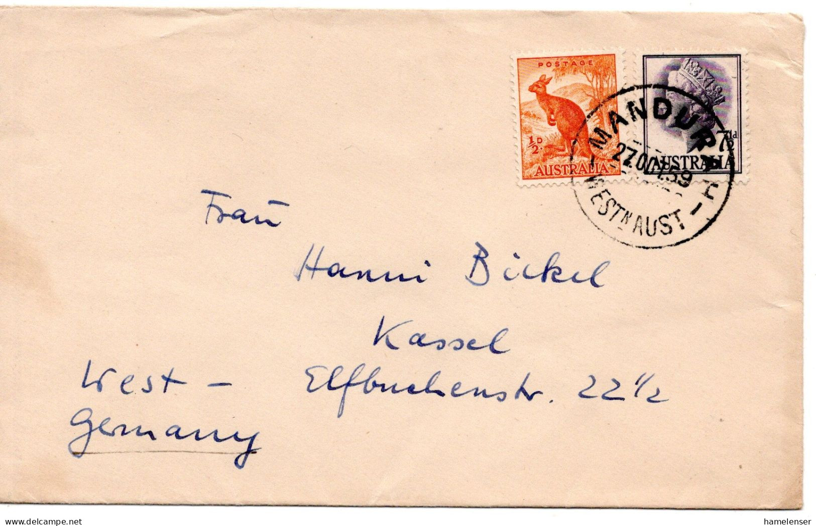 67115 - Australien - 1959 - 7,5d QEII MiF A Bf MANDURAH -> Westdeutschland - Lettres & Documents