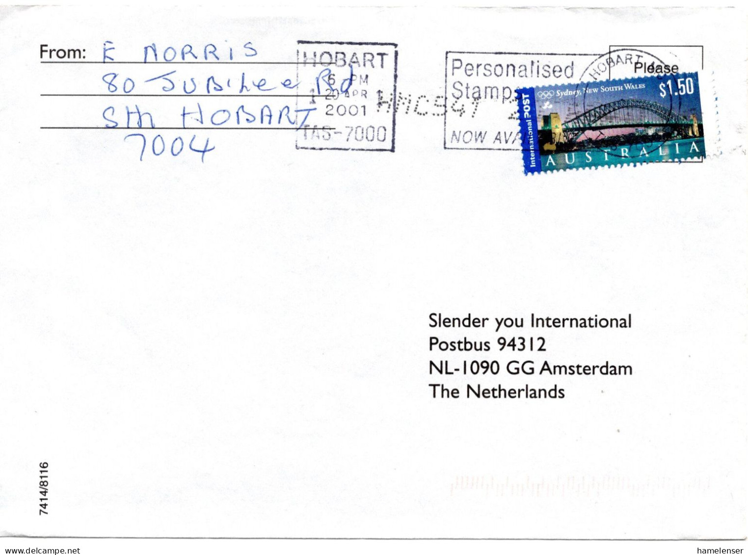 67116 - Australien - 2001 - $1,50 Sydney EF A Bf HOBART -> Niederlande - Lettres & Documents