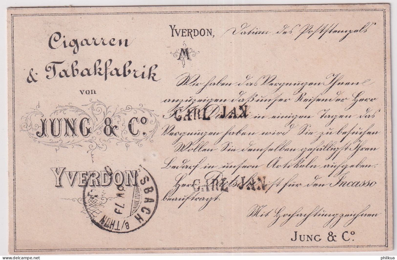 Zumst. 37 / MiNr. 29 - Auf Drucksachenkarte Von CIGARREN & TABAKFABRIK JUNG & Co. YVERDON - Cartas & Documentos