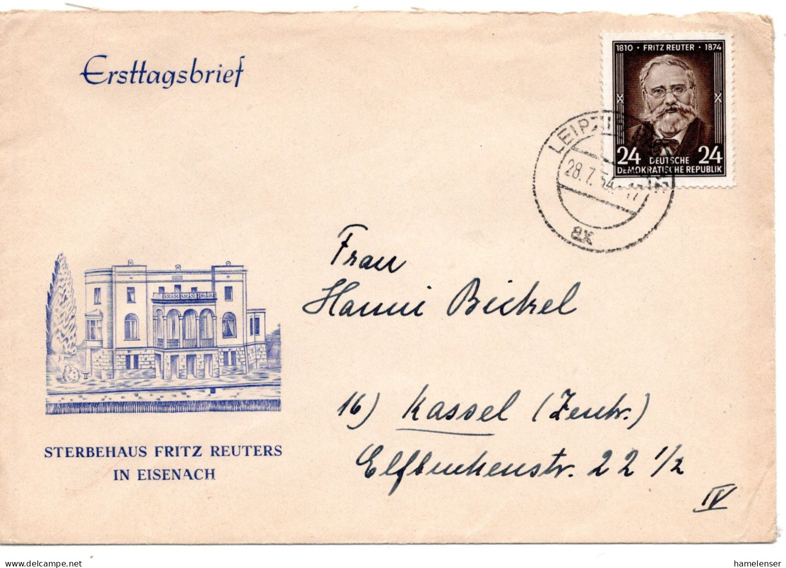 67117 - DDR - 1954 - 24Pfg Fritz Reuter EF A Bf LEIPZIG -> Westdeutschland - Lettres & Documents