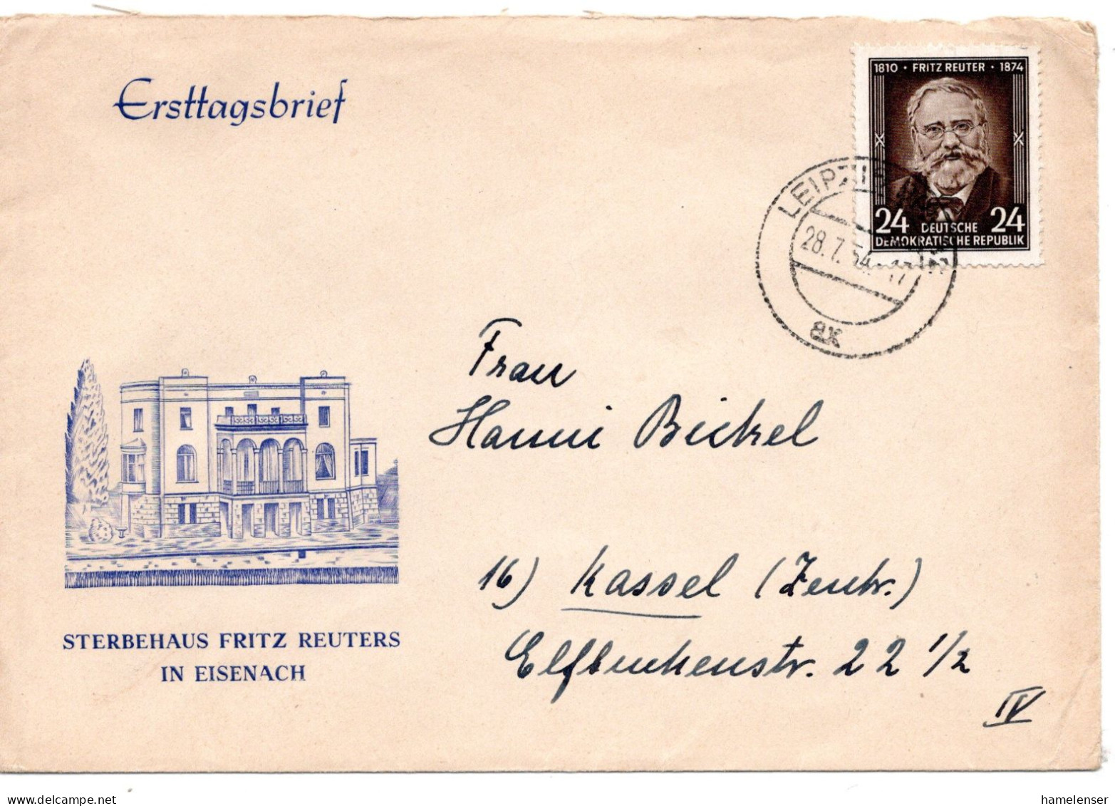 67117 - DDR - 1954 - 24Pfg Fritz Reuter EF A Bf LEIPZIG -> Westdeutschland - Covers & Documents