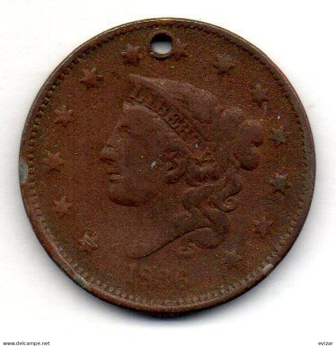 U.S.A, 1 Cent, Copper, Year 1836, KM # 45.1, HOLED. - 1816-1839: Coronet Head