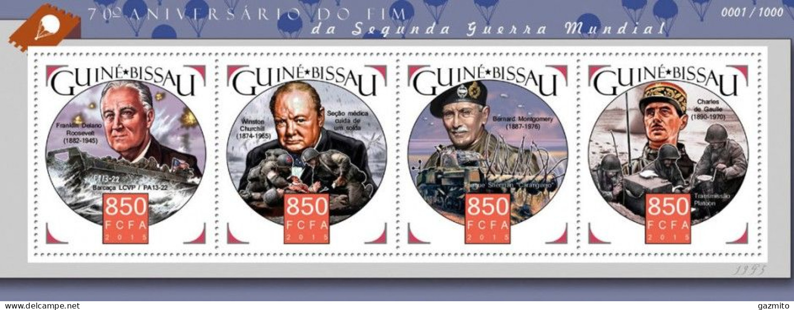 Guinea Bissau 2015, WWII, Churchill, De Gaulle, 4val In BF - Sir Winston Churchill