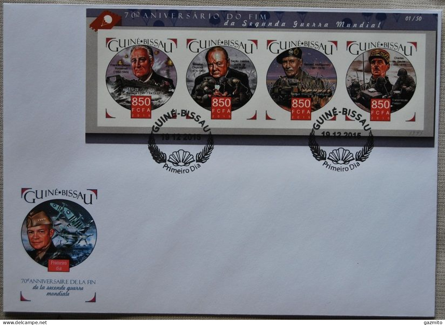 Guinea Bissau 2015, WWII, Churchill, De Gaulle, 4val In BF IMPERFORATED In FDC - Sir Winston Churchill