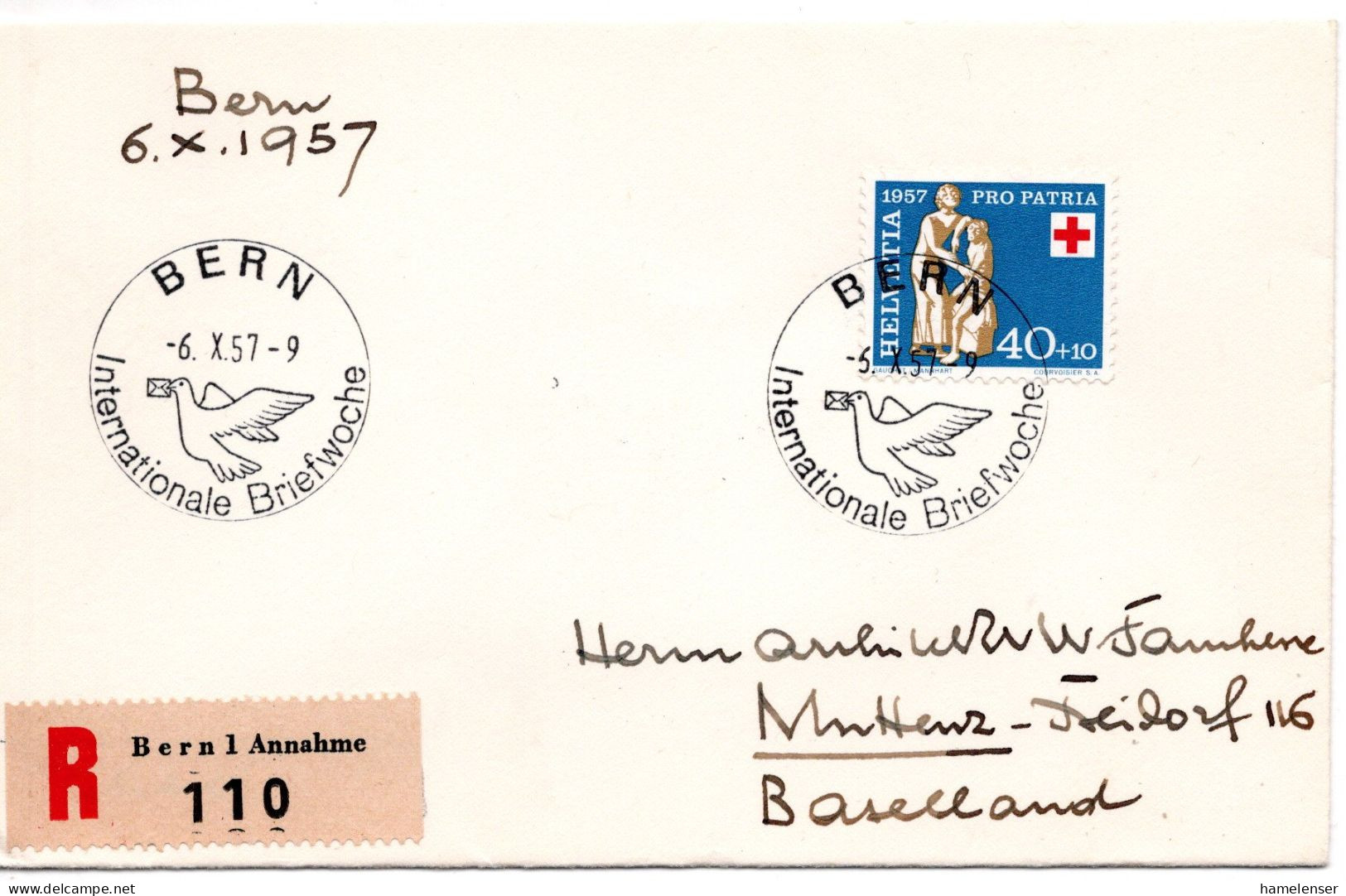 67121 - Schweiz - 1957 - 40Rp Pro Patria '57 EF A R-Bf SoStpl BERN - INTERNATIONALE BRIEFWOCHE -> MUTTENZ - Brieven En Documenten