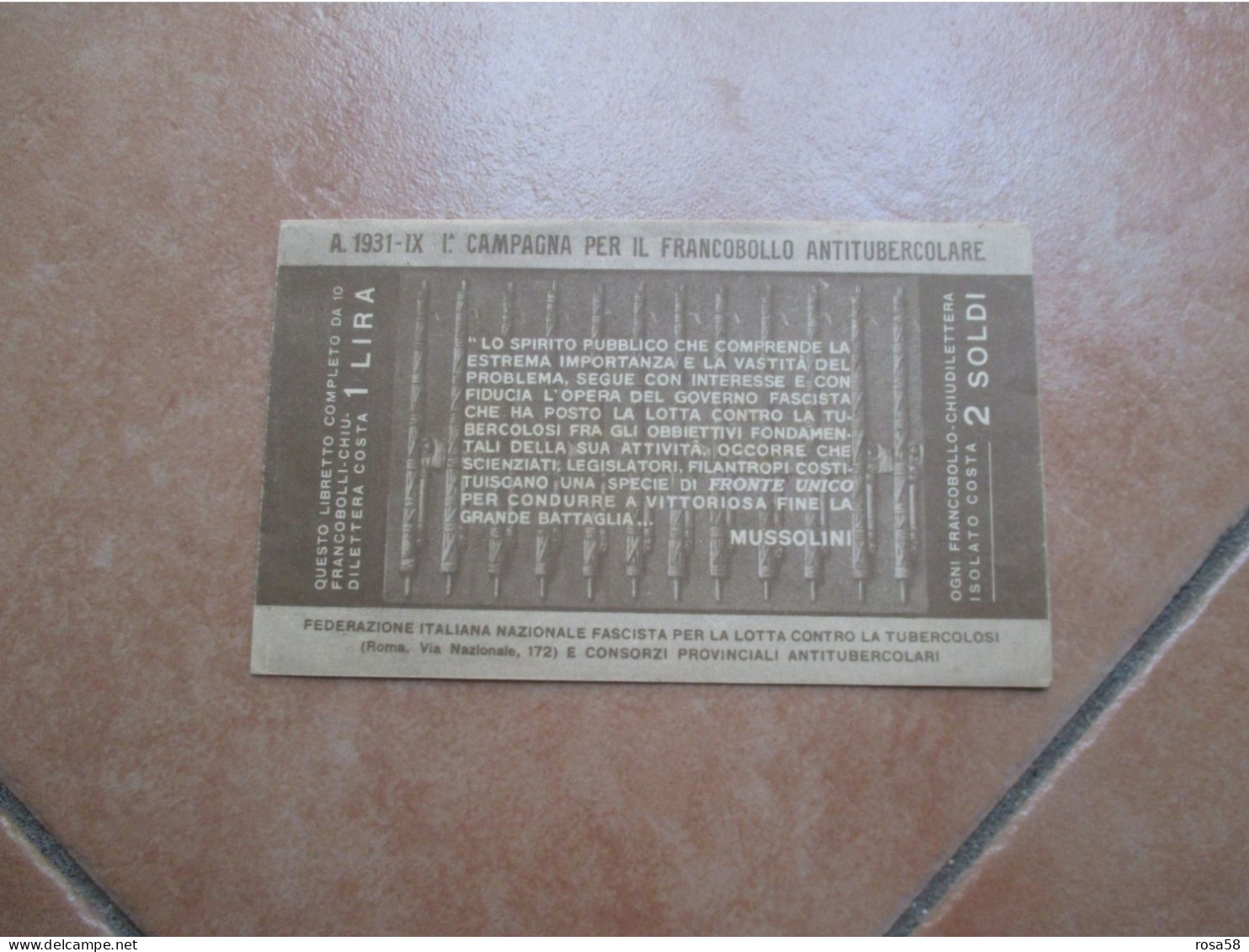 Chiudilettera 1931 PRIMA Campagna Naz.francobollo Antitubercolare Anno IX  Libretto Frase MUSSOLINI Costa DUE SOLDI Cad. - Steuermarken