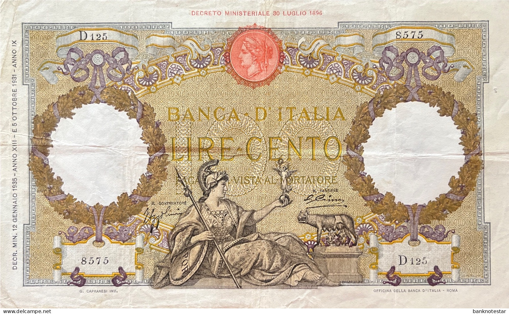 Italy 100 Lire, P-55a (12.01.1935) - Very Fine - 100 Liras