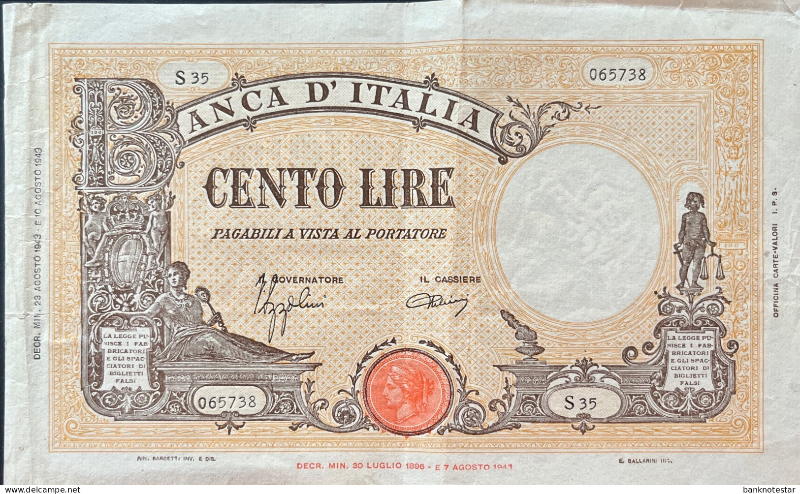 Italy 100 Lire, P-60 (23.08.1943) - Very Fine - 100 Lire