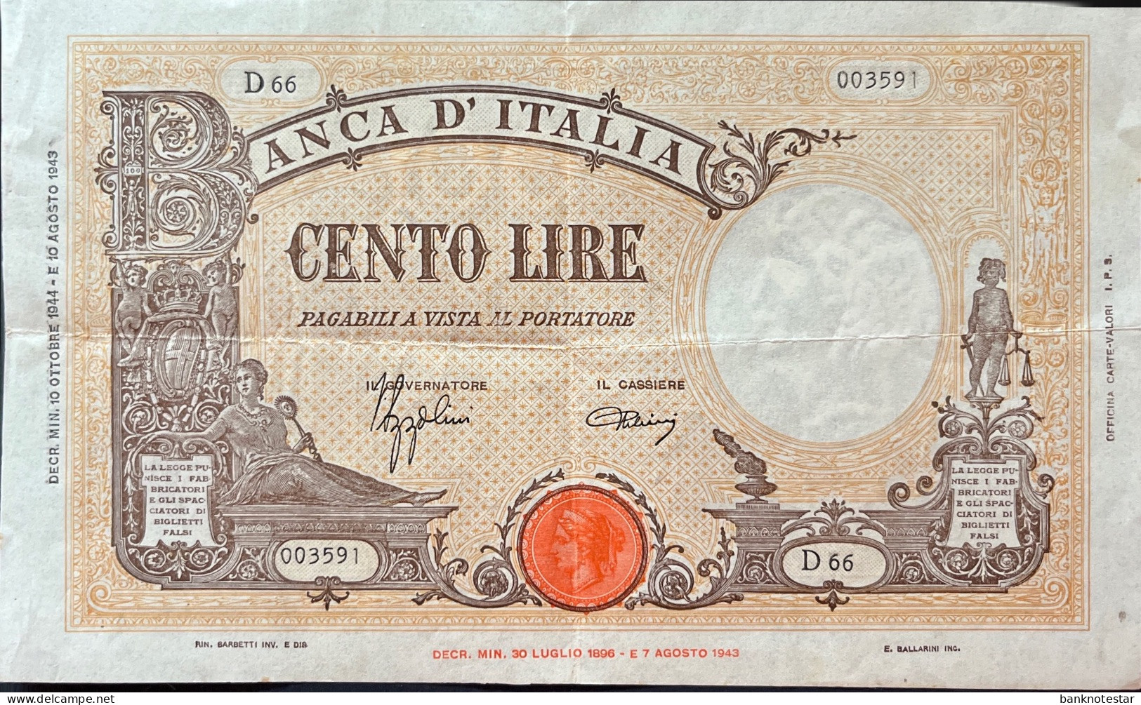 Italy 100 Lire, P-60 (10.10.1944) - Very Fine - 100 Lire