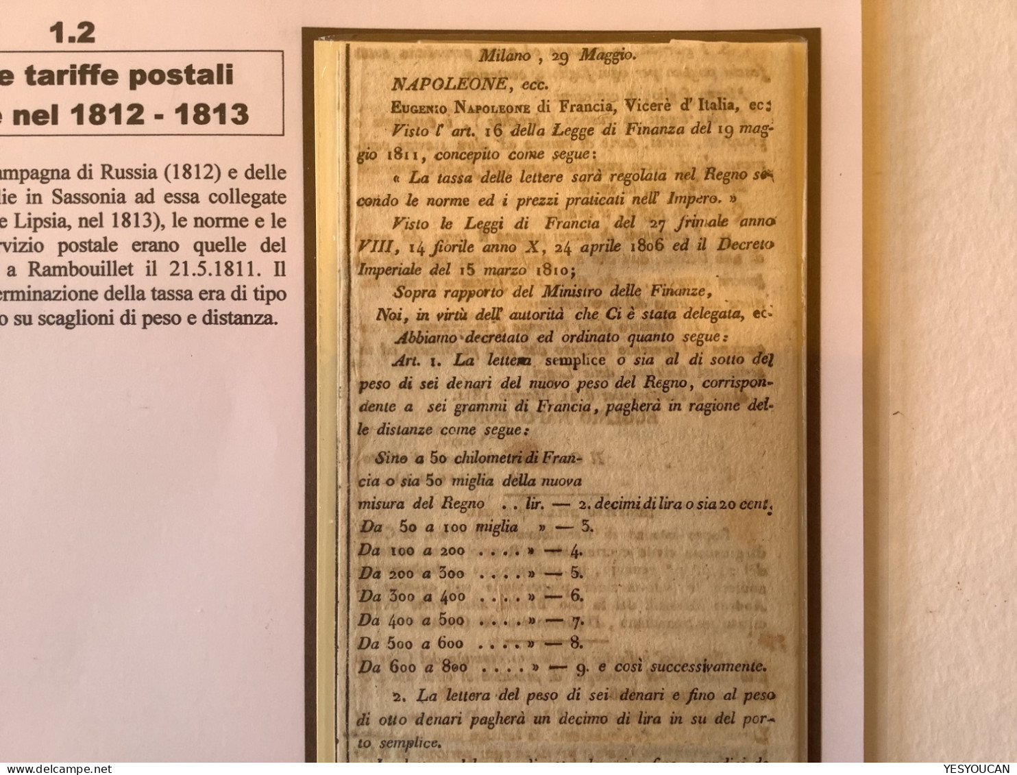 1811Département Conquis MILANO Regno D‘ Italia TARIF POSTAUX/POSTAL RATES(Italie Italy Napoleon Eugenio Napoleone Fiscal - Lombardo-Vénétie