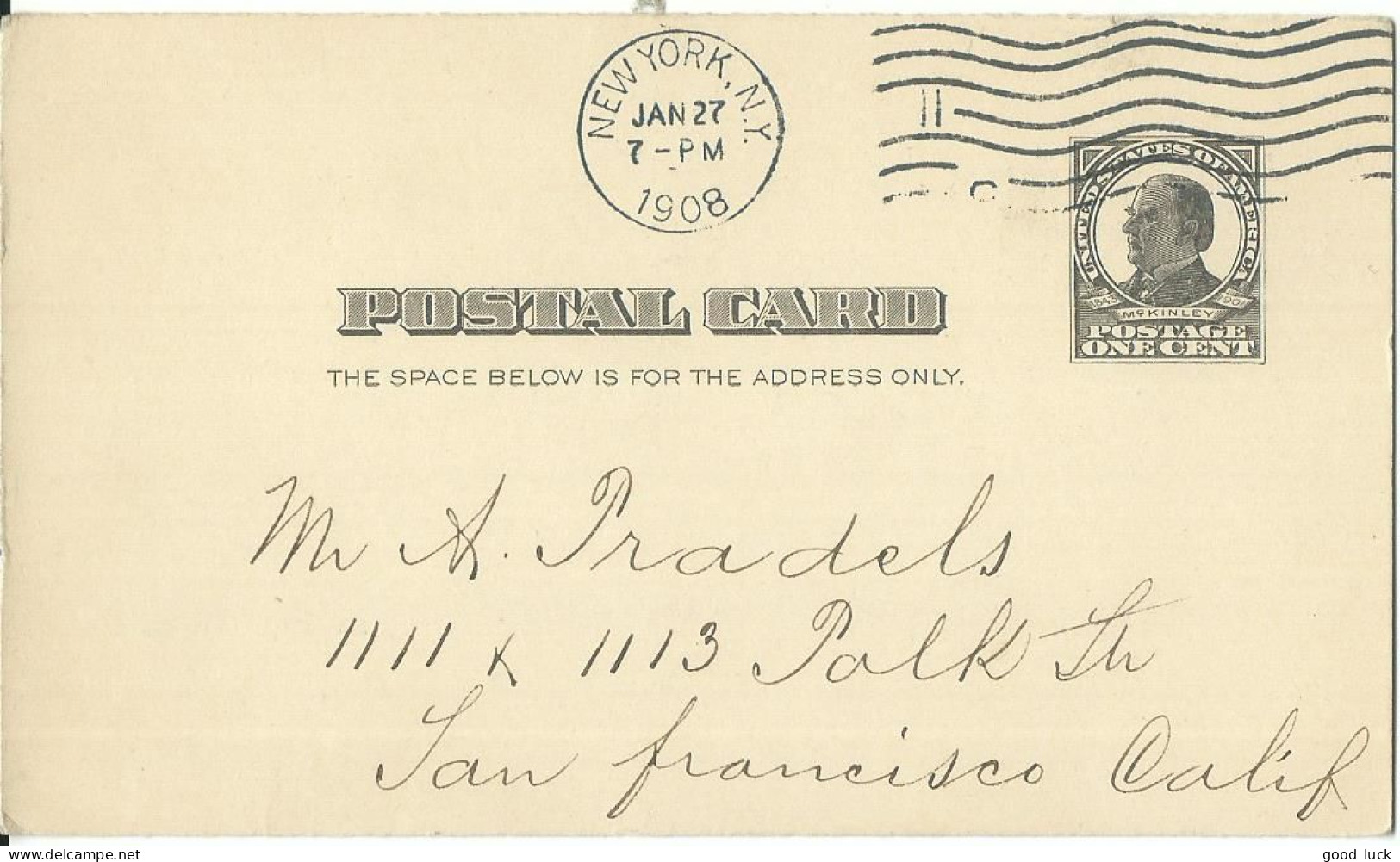 ETATS UNIS ENTIER Mc KINLEY DE NEW YORK POUR SAN FRANCISCO ( CALIFORNIE ) DE 1908 LETTRE COVER - 1901-20