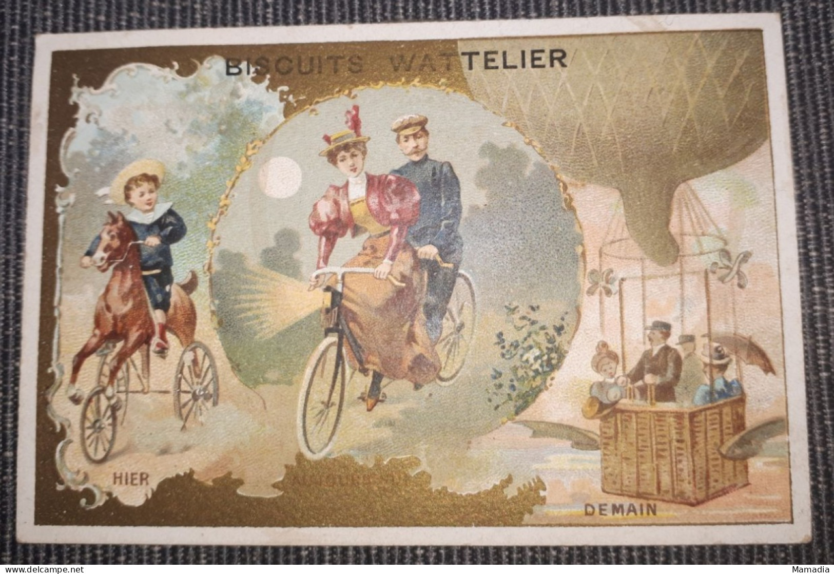 CHROMO VELO CYCLE CYCLISME BISCUITS WATTELIER HIER AUJOURD'HUI DEMAIN 1880-1895 - Andere & Zonder Classificatie