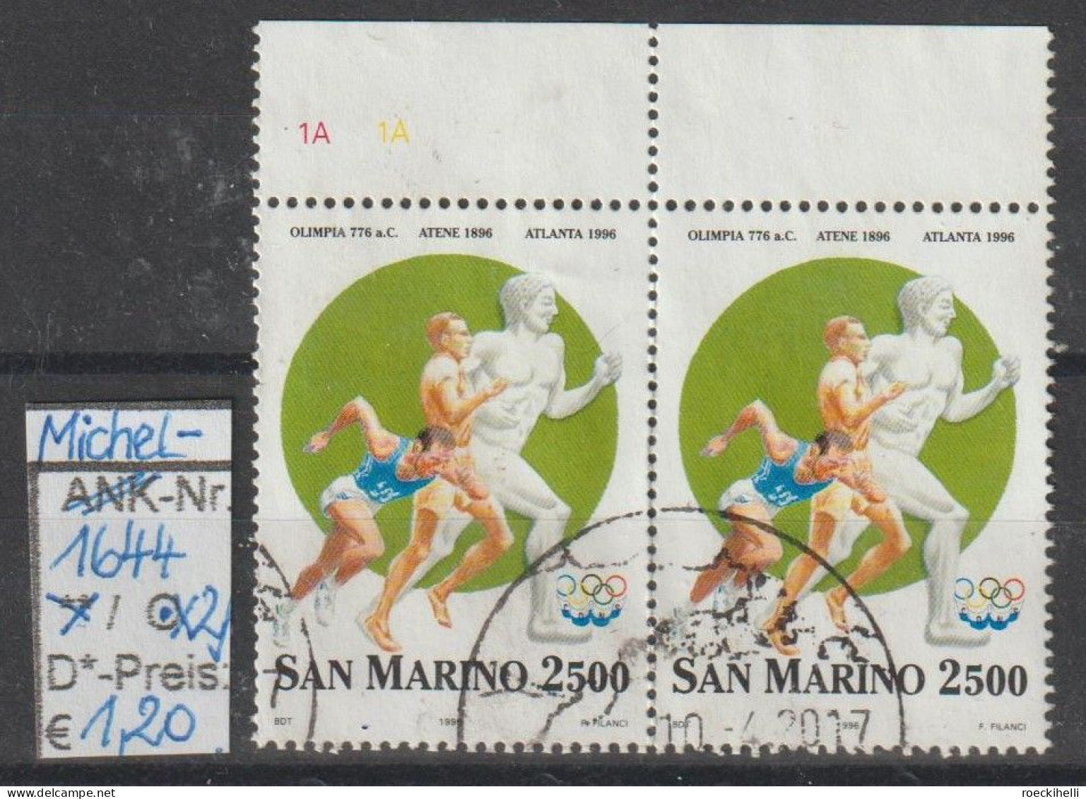 1996 - SAN MARINO - SM "100 J. Olymp. Spiele D. Neuzeit" 2500 L Mehrf. - 2x O  Gestempelt - S.Scan (1644o X2 S.marino) - Oblitérés