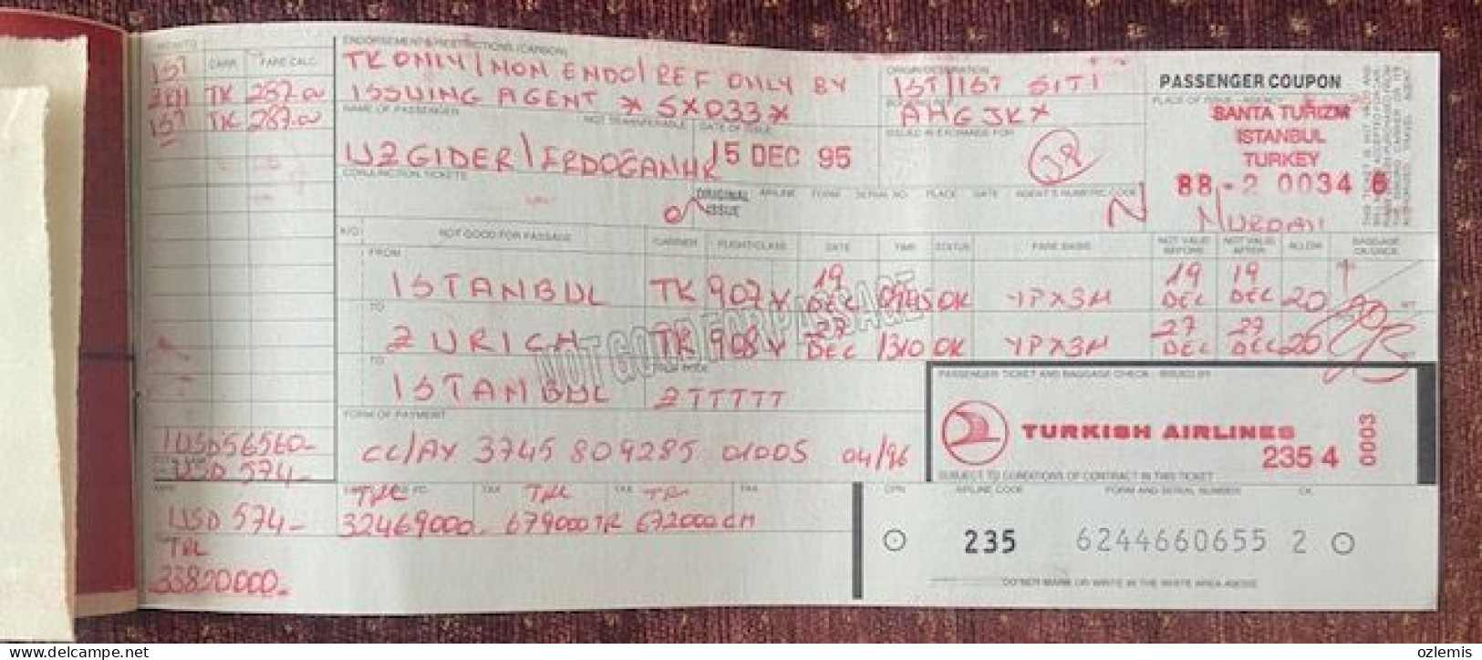 IATA ,TURKISH AIRLINES ,PASSENGER TICKET AND BAGGAGE ,1995 ,TICKET - Billetes