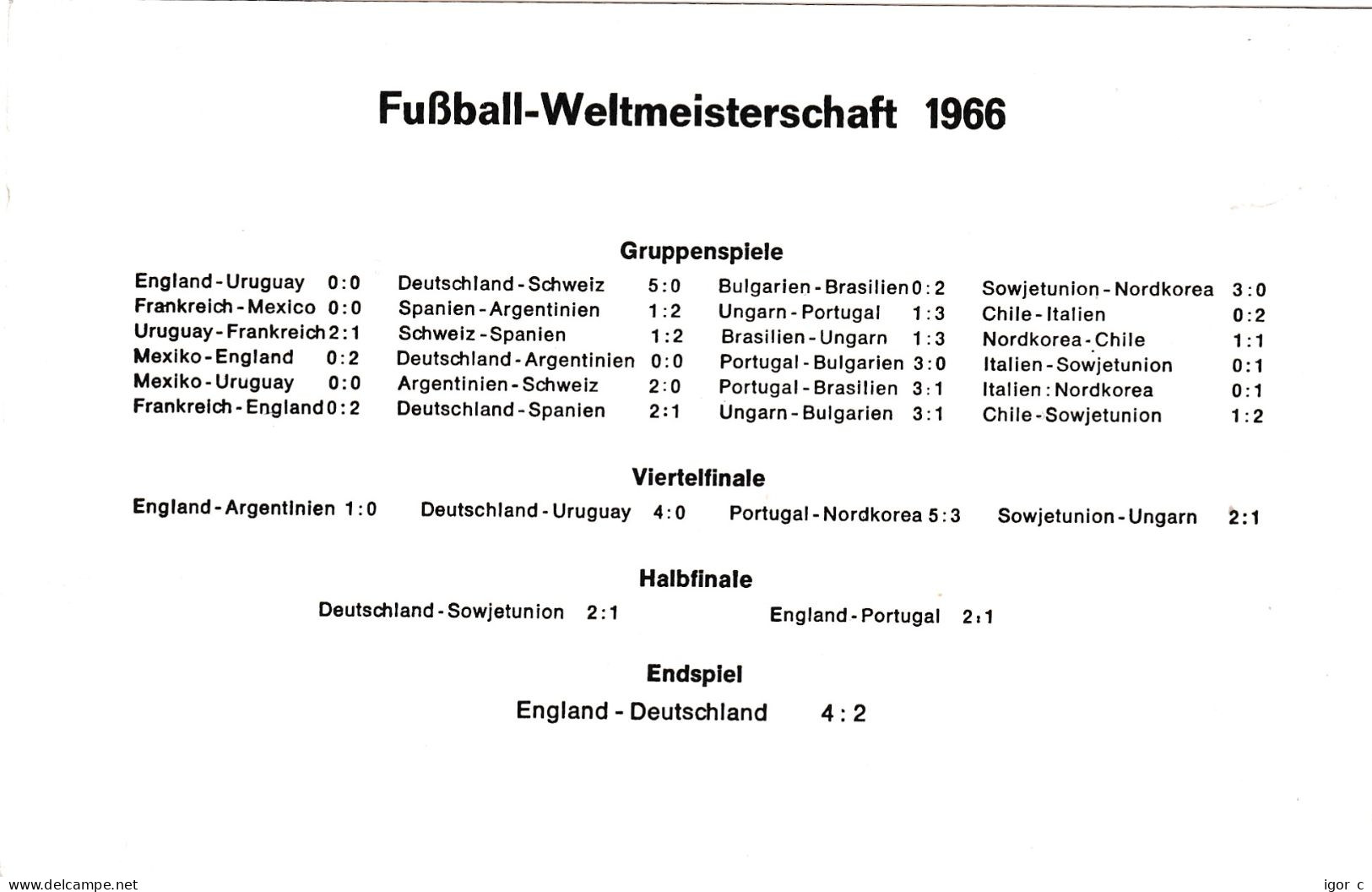 Germany 1966 Card: Football Fussball Soccer Calcio; FIFA World Cup England; Team Photo; Jules Rimet; Results Back Side - 1966 – Angleterre