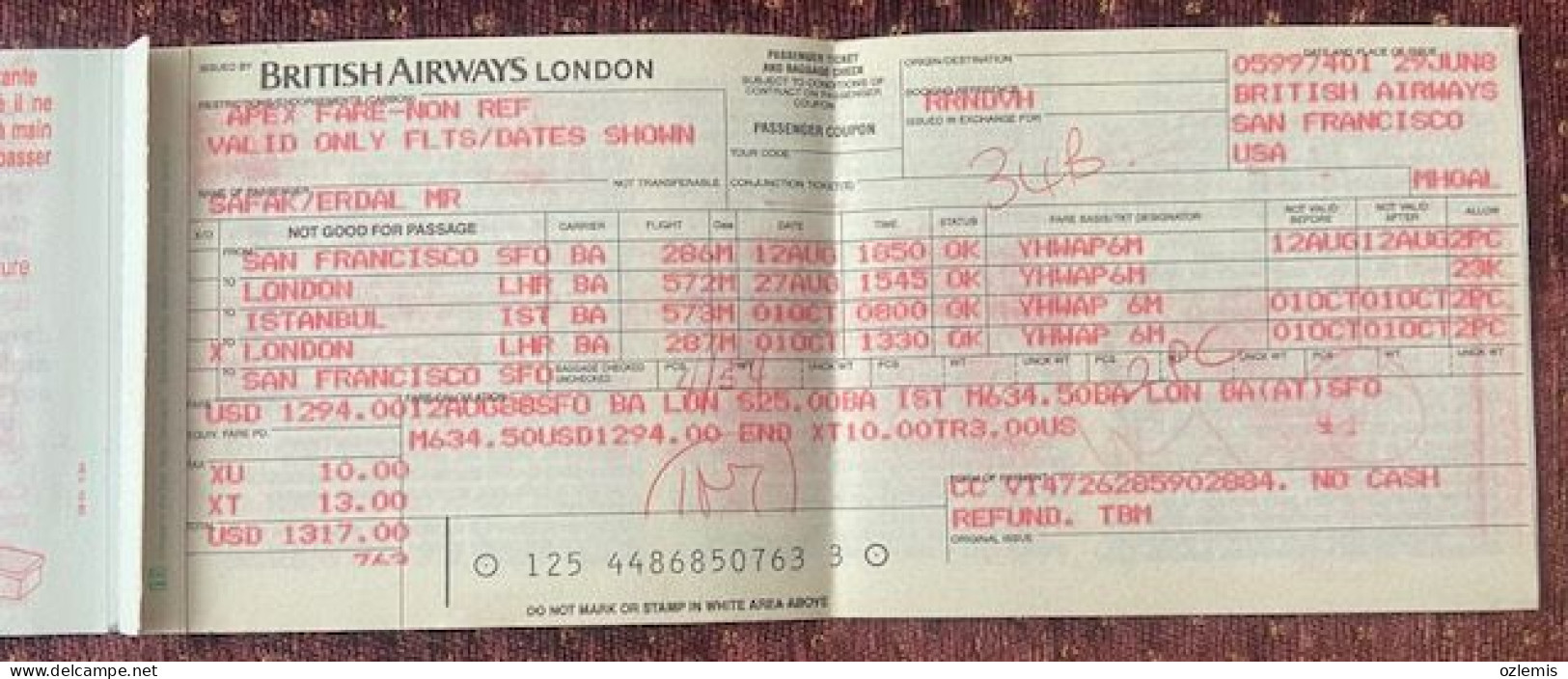 BRITISH AIRWAYS, PASSENGER TICKET  ,1988 ,TICKET - Tickets