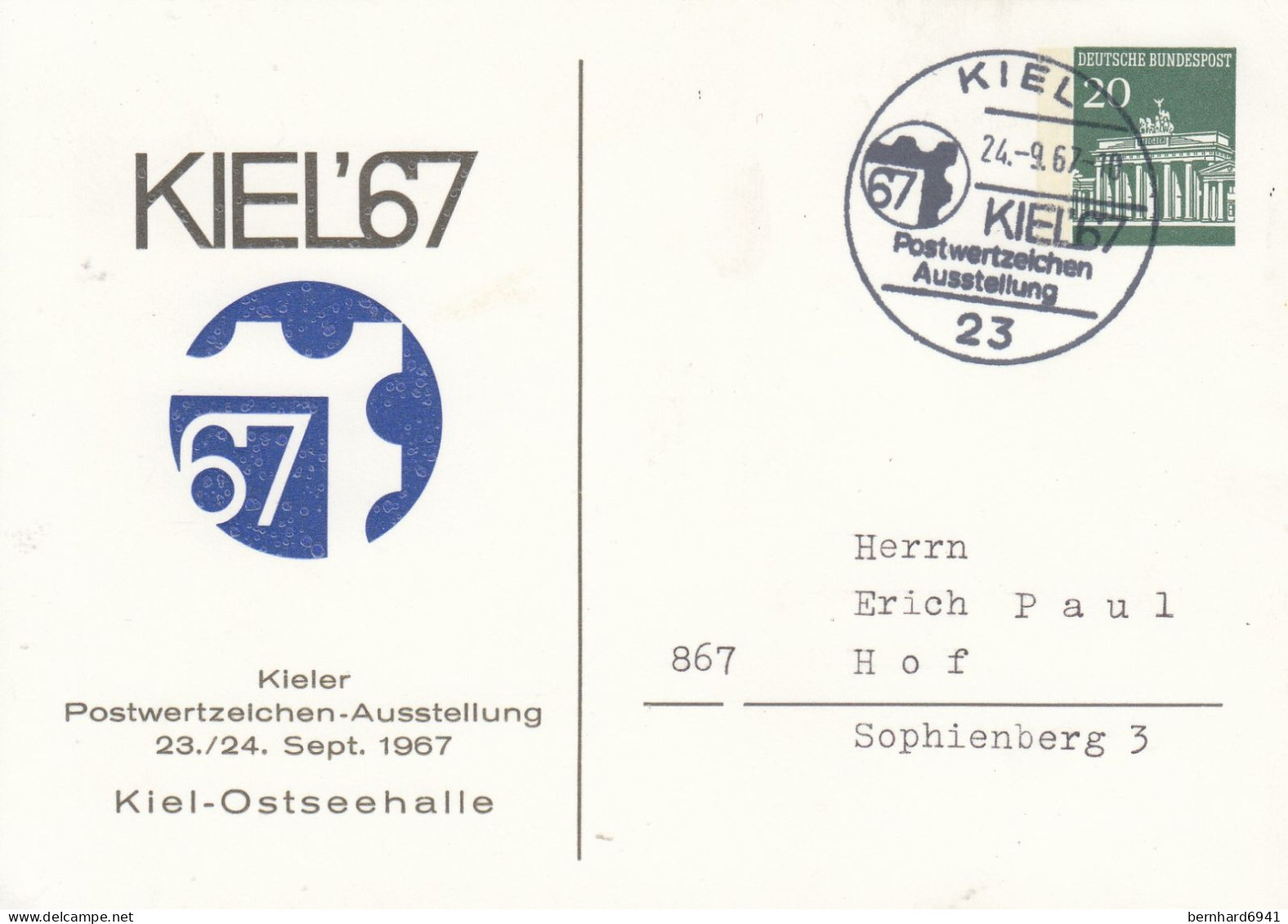 PP 43/6  Kiel`67 - Kieler Postwertzeichen-Ausstellung 23./24. Sept. 1967 - Kiel-Ostseehalle, Kiel - Private Postcards - Mint