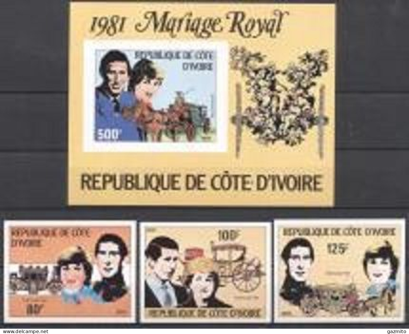 Ivory Coast 1981, Royal Wedding, Diana, 3val +BF IMPERFORATED - Diligences