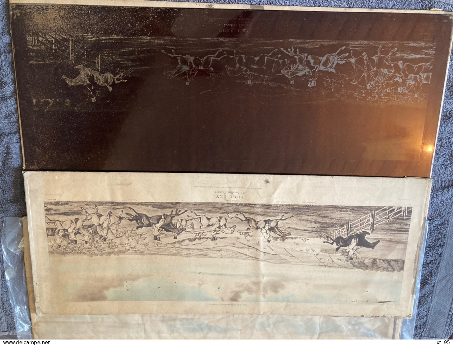 3 Plaques d'acier gravees - Scenes chasse anglaise - 75x30 cm - 3 matrices + 3 tirages