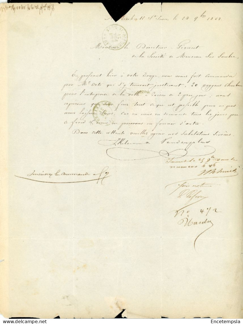 Lettre Commerciale Timbrée 1858 - Adressée à Monsieur Le Directeur Gérant De La Société De Monceau Sur Sambre (LC1OK) - 1800 – 1899