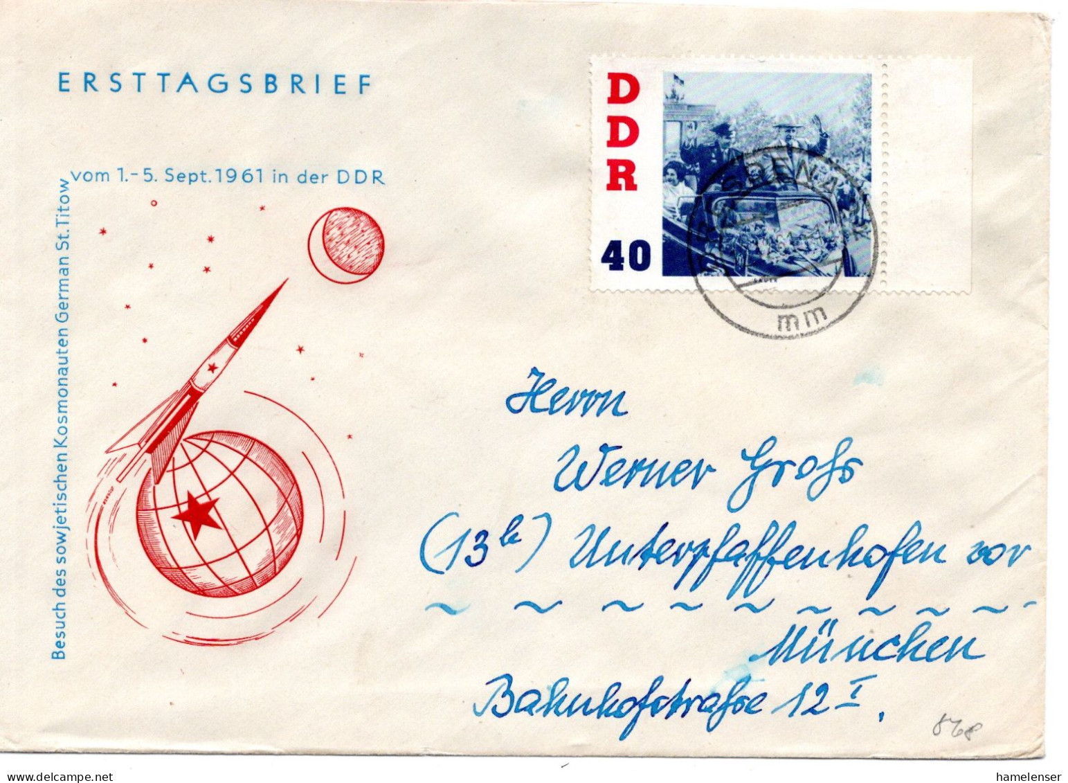 67126 - DDR - 1961 - 40Pfg Titow-Besuch EF A Bf DRESDEN -> Westdeutschland - Covers & Documents