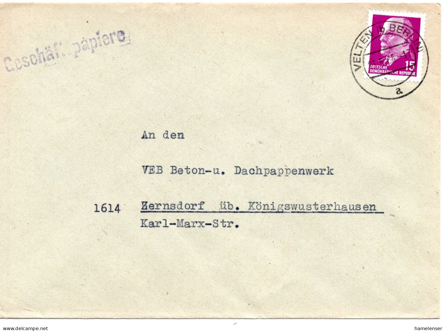 67127 - DDR - 1965 - 15Pfg Ulbricht EF A WirtschDrucksBf VELTEN -> Zernsdorf - Cartas & Documentos