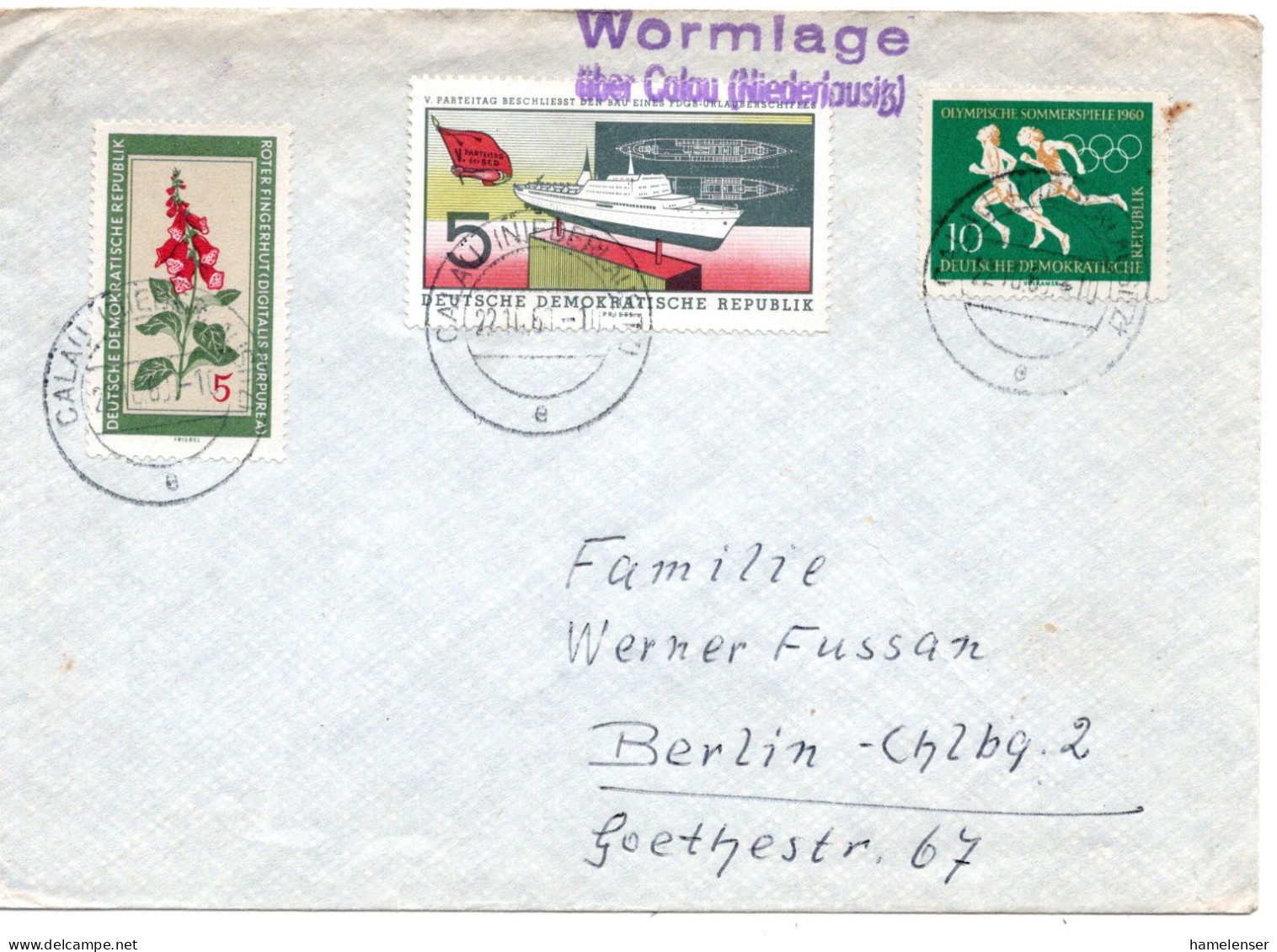 67133 - DDR - 1961 - 10Pfg Olympiade Rom MiF A Bf Landpoststpl WORMLAGE -> CALAU -> Westberlin - Lettres & Documents