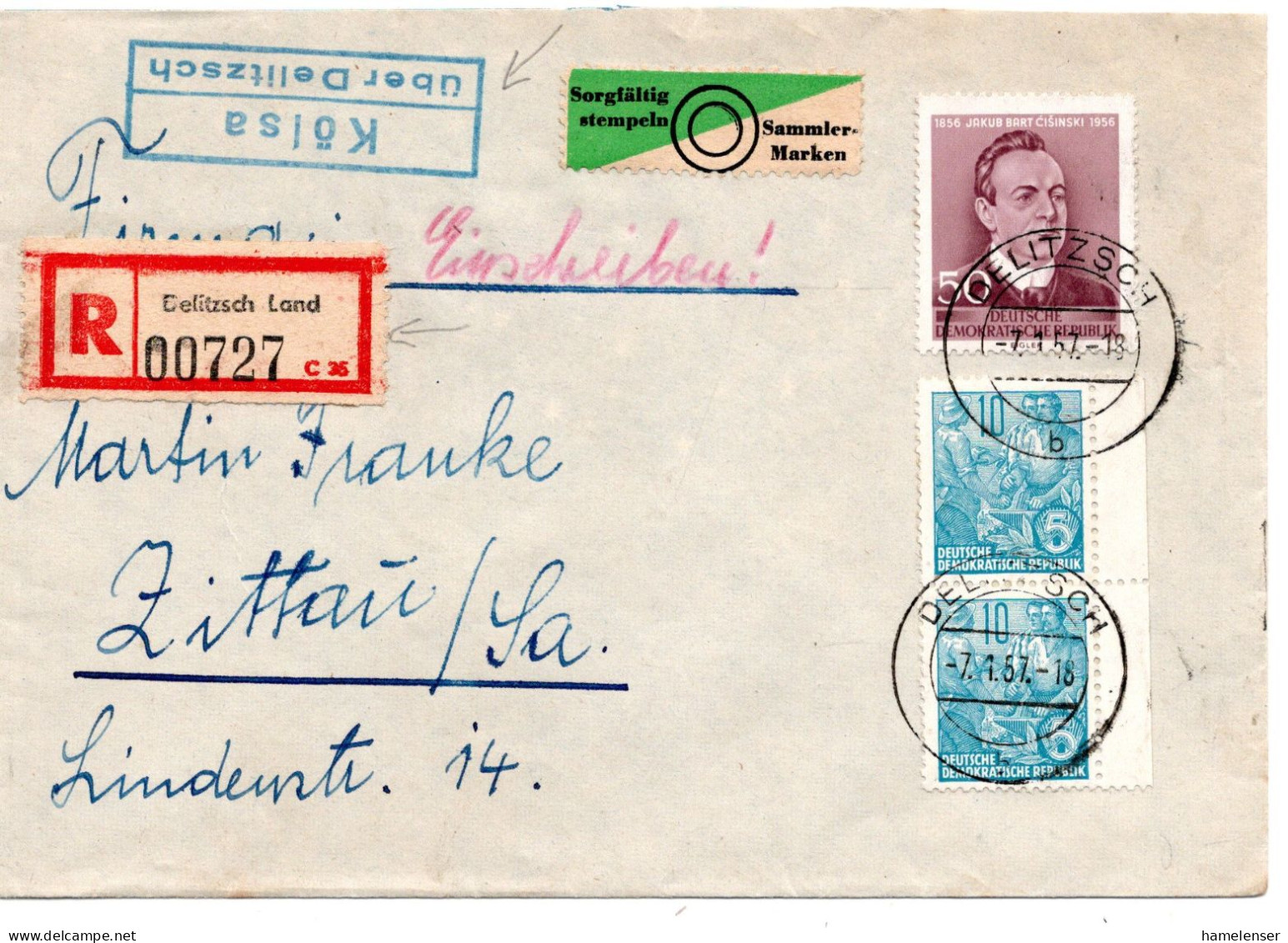 67134 - DDR - 1957 - 50Pfg Cisinski MiF A R-Bf Landpoststpl KOESLA -> DELITZSCH -> ZITTAU - Storia Postale