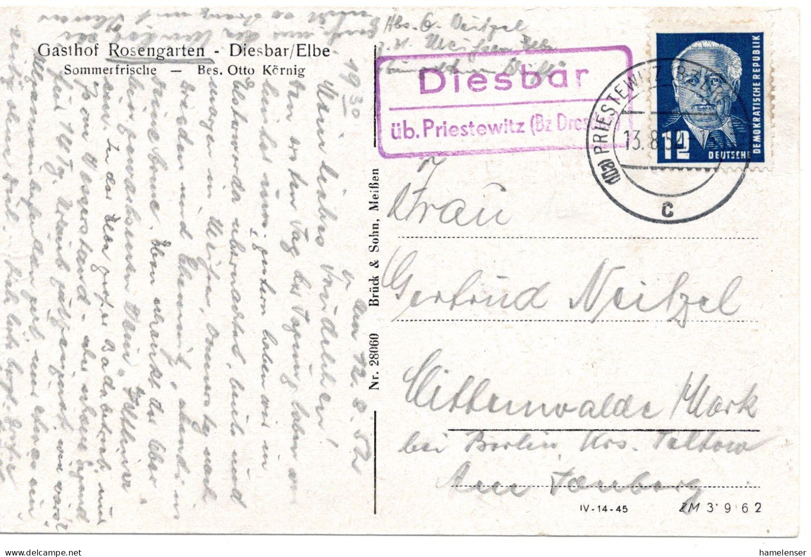 67136 - DDR - 1952 - 12Pfg Pieck EF A AnsKte Landpoststpl DIESBAR -> PRIESTEWITZ -> Mittweida - Lettres & Documents